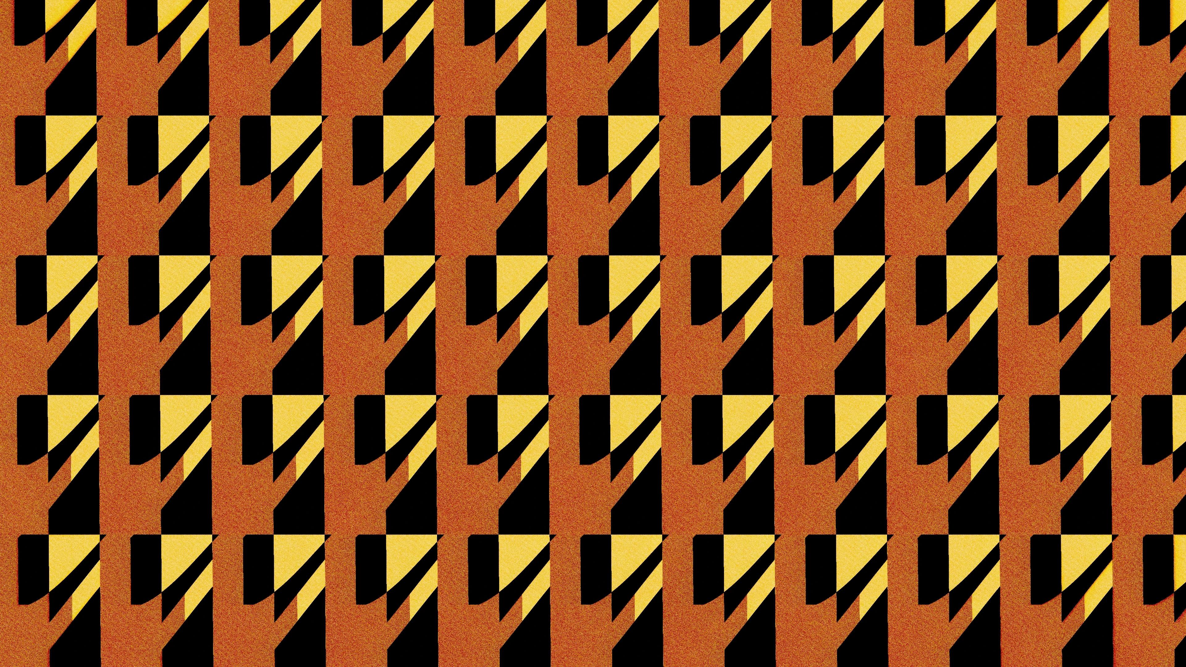 Dark orange backdrop with black and yellow geometric shapes over it
