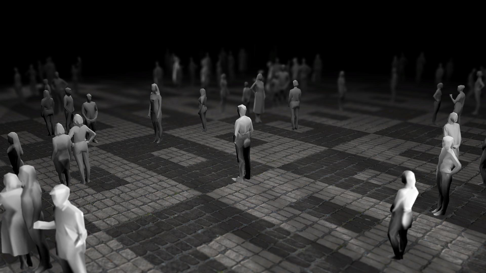 White figures standing on a tiled floor 
