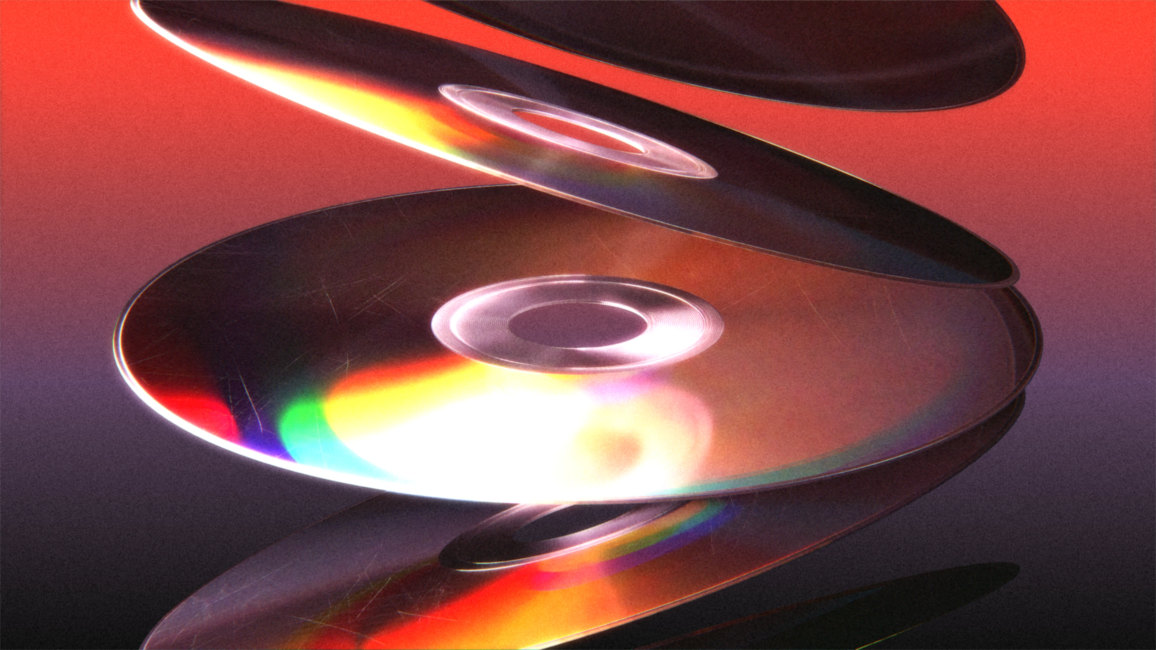 Scratched CD falling down against red and purple gradient