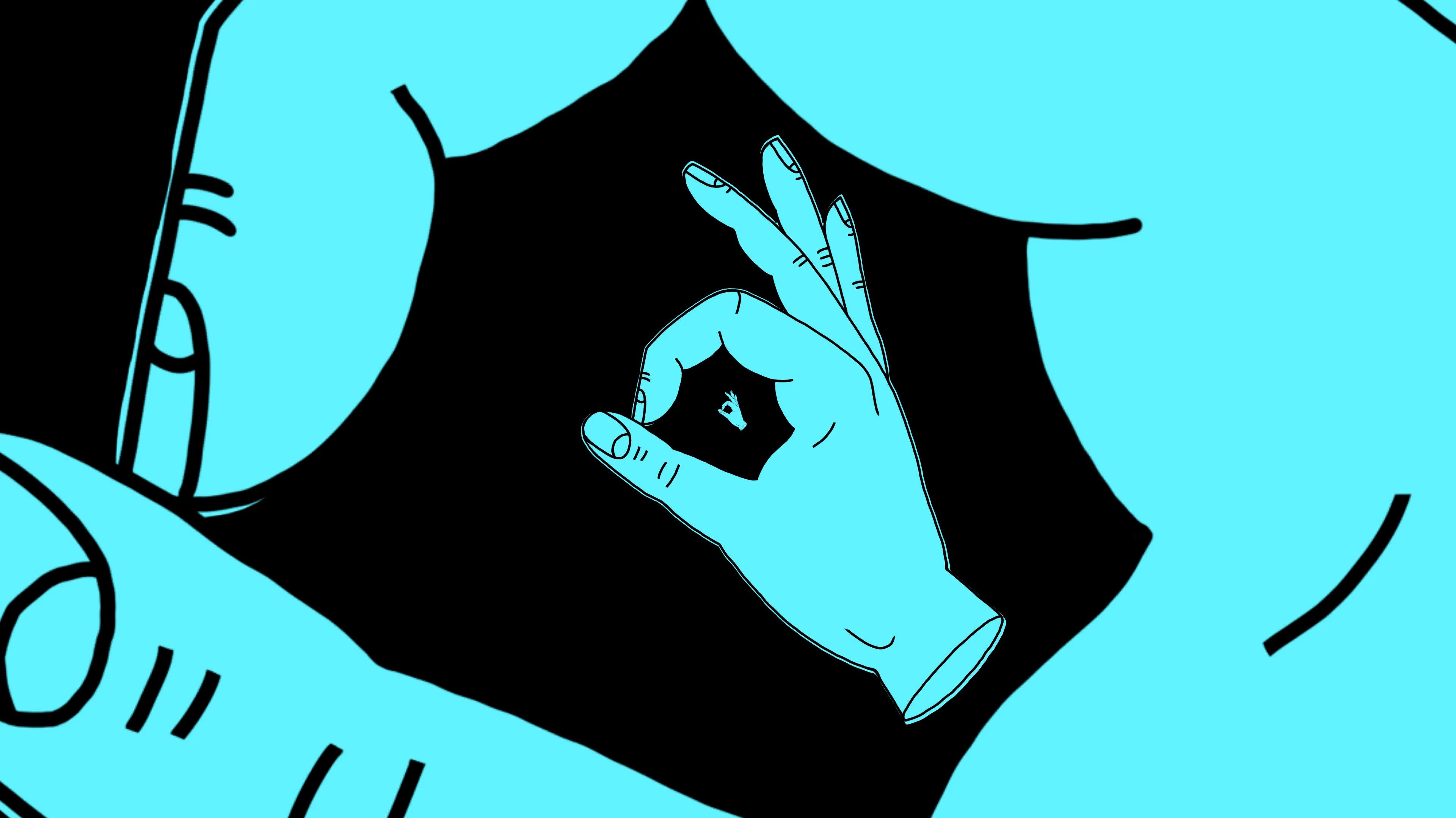 Tunnel of light blue hand illustrations doing the ace sign