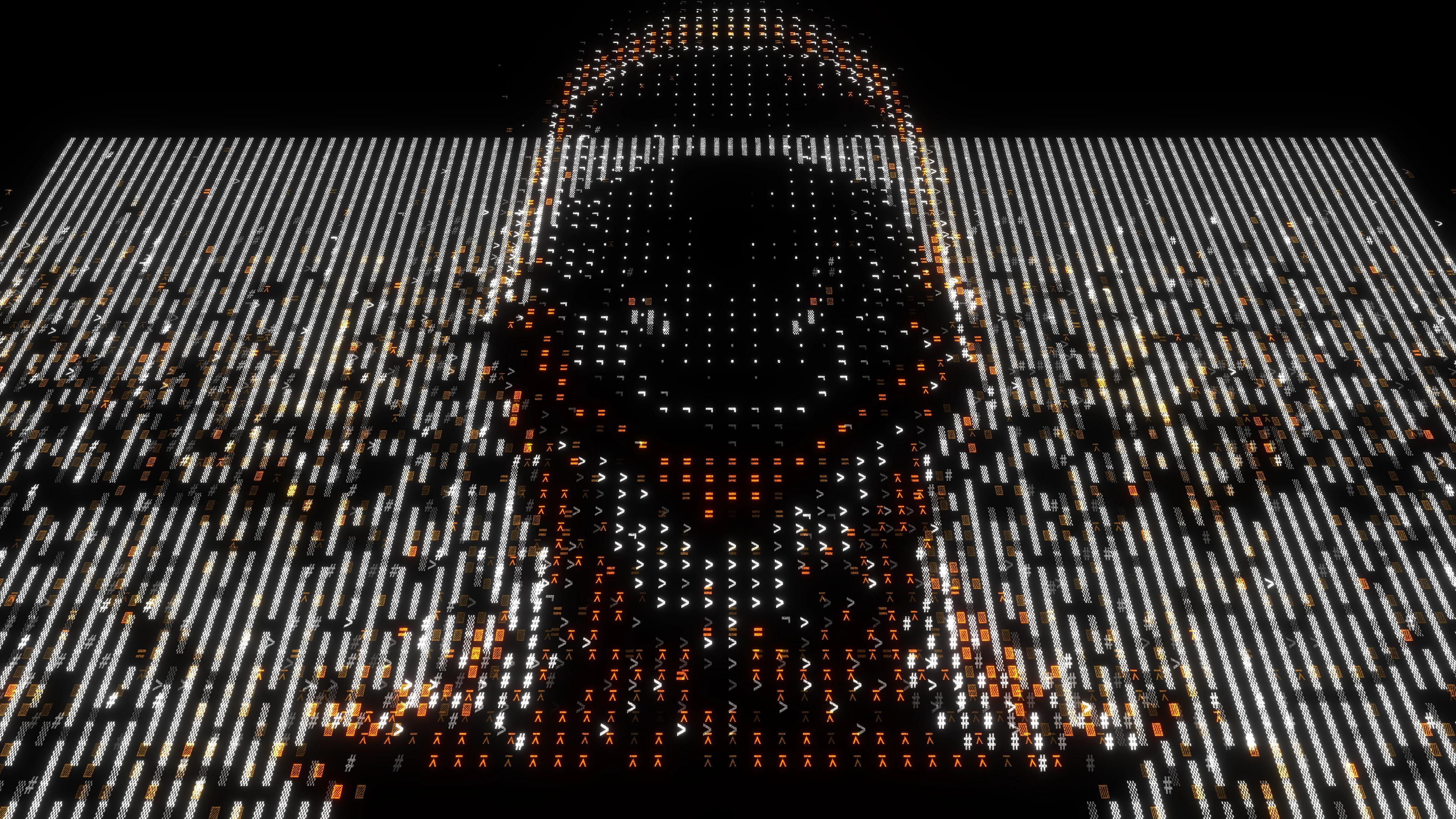Human head made out of tiny white and orange symbols