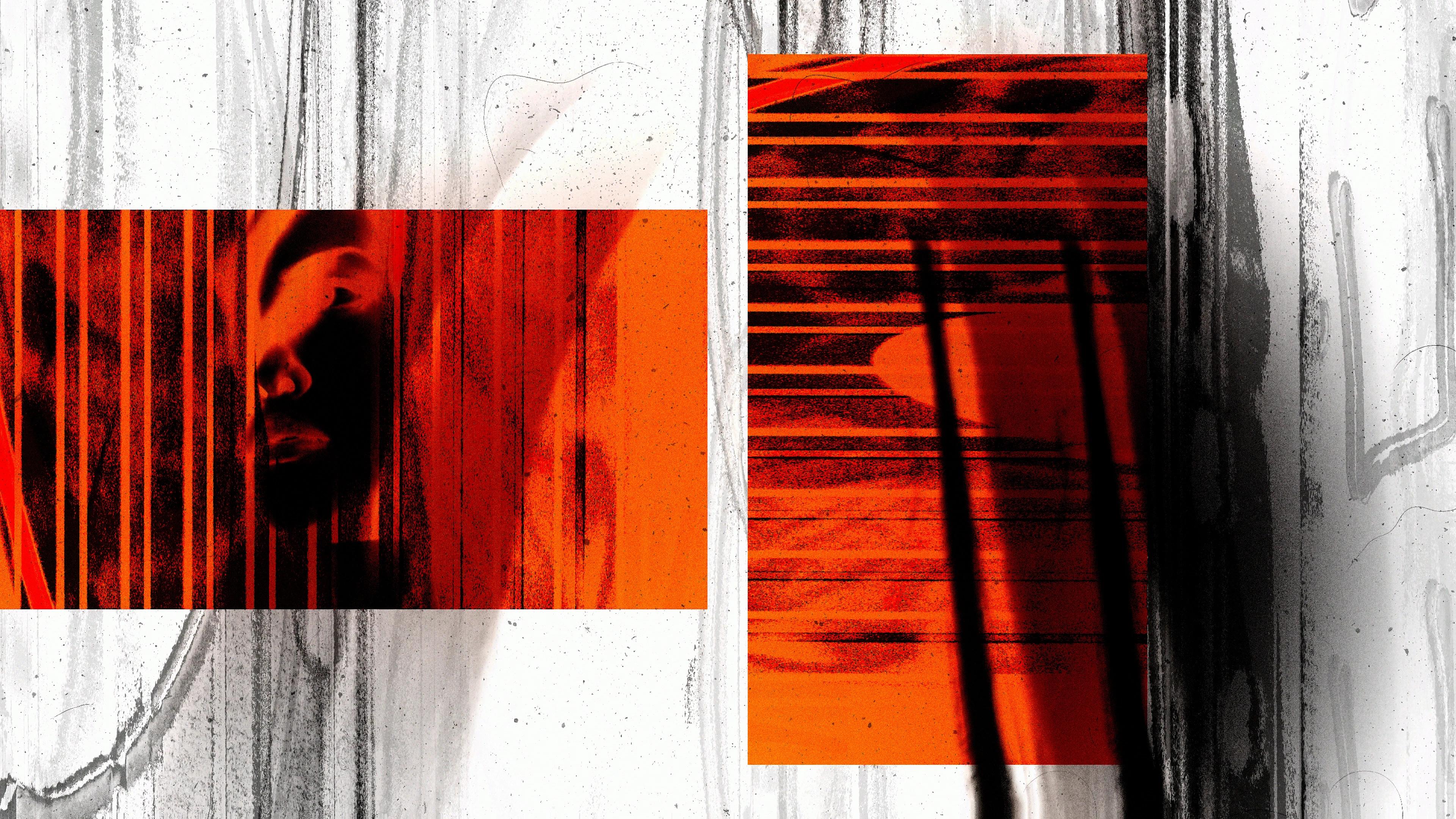 2 red blocks masked over a grey and white texture