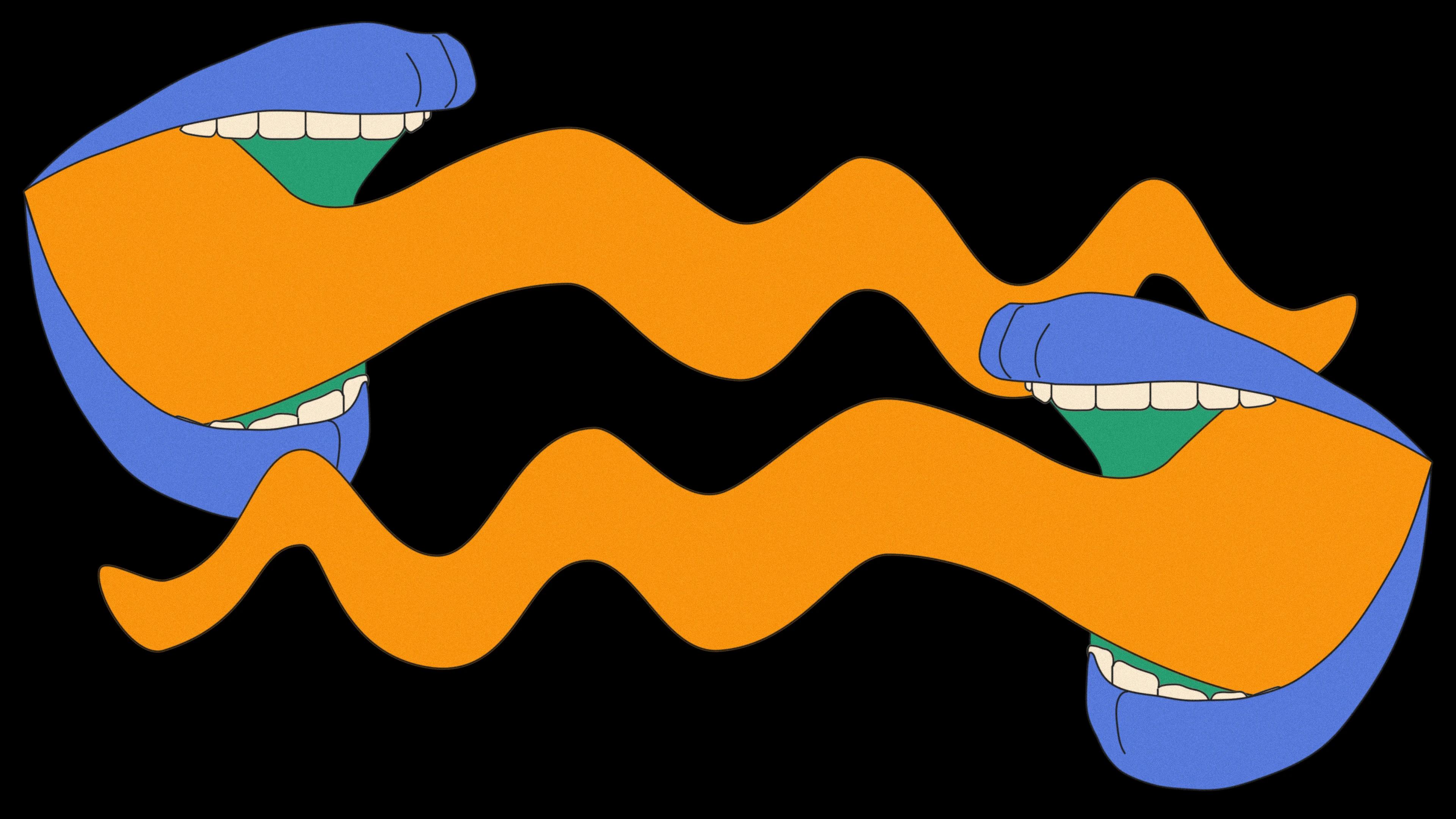 2 blue-lipped mouths with orange tongues wiggling across each other