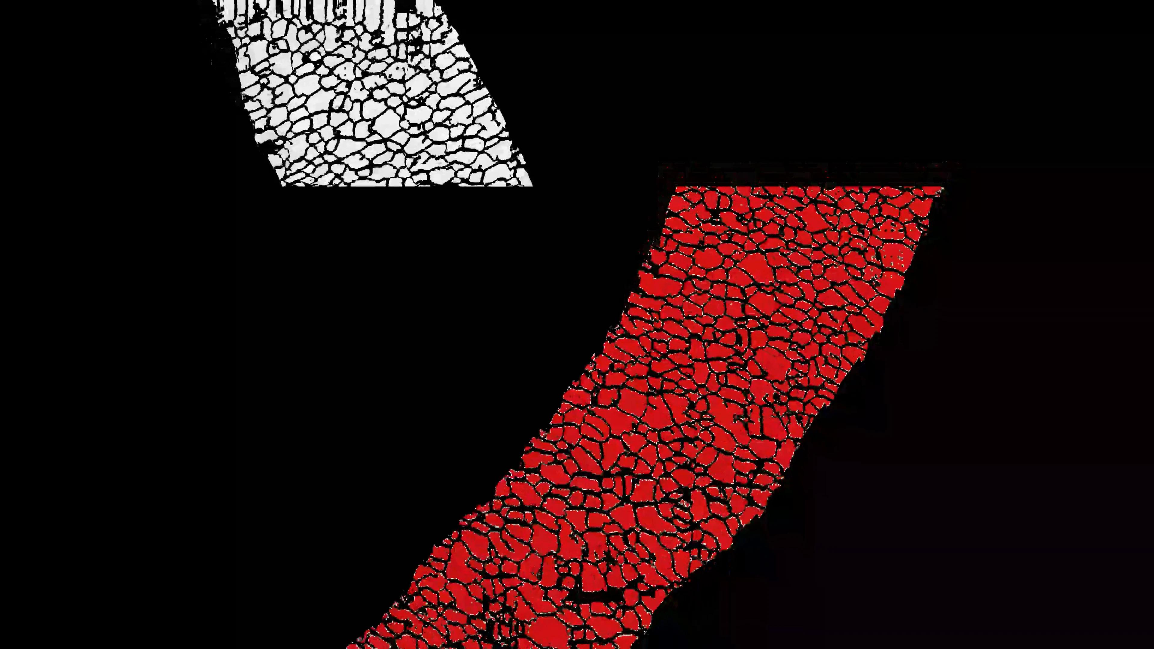 Black honeycomb structures over red and white shapes