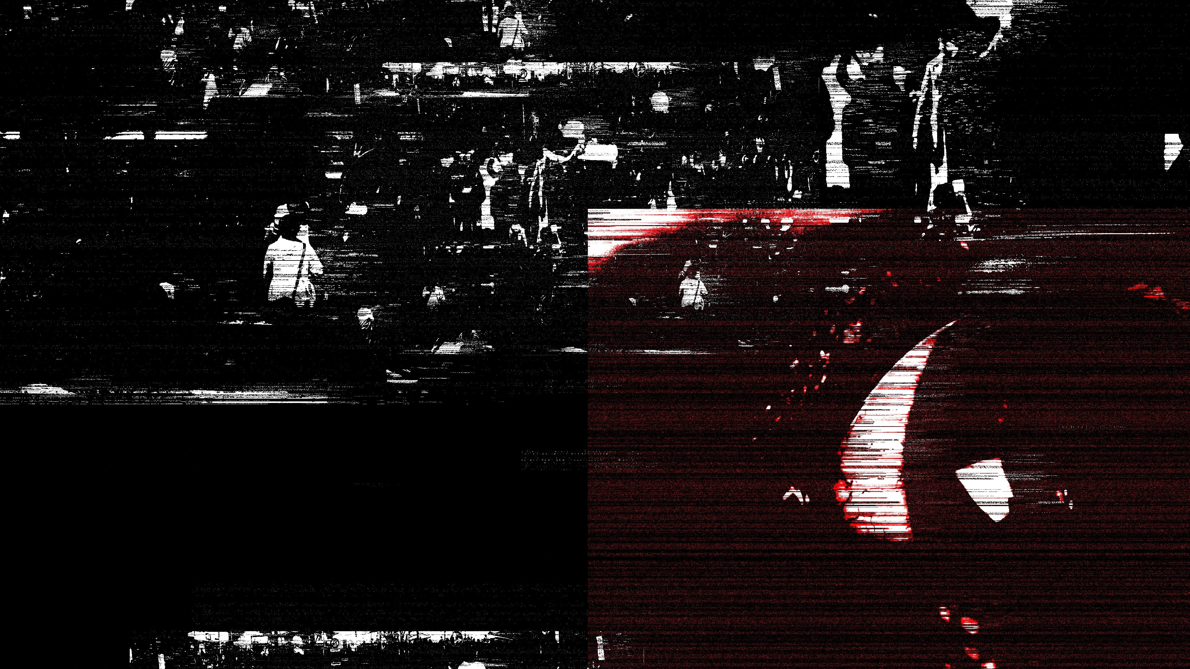 Black and white images of people with glitchy textures over the top
