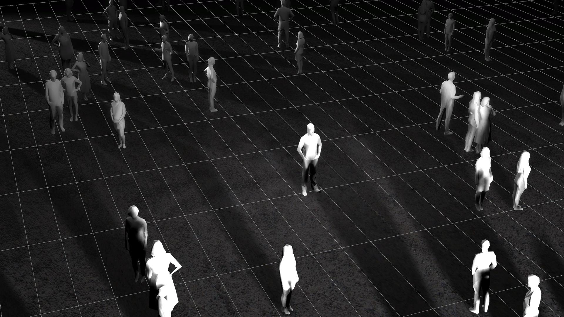 White figures standing on a dark lined floor