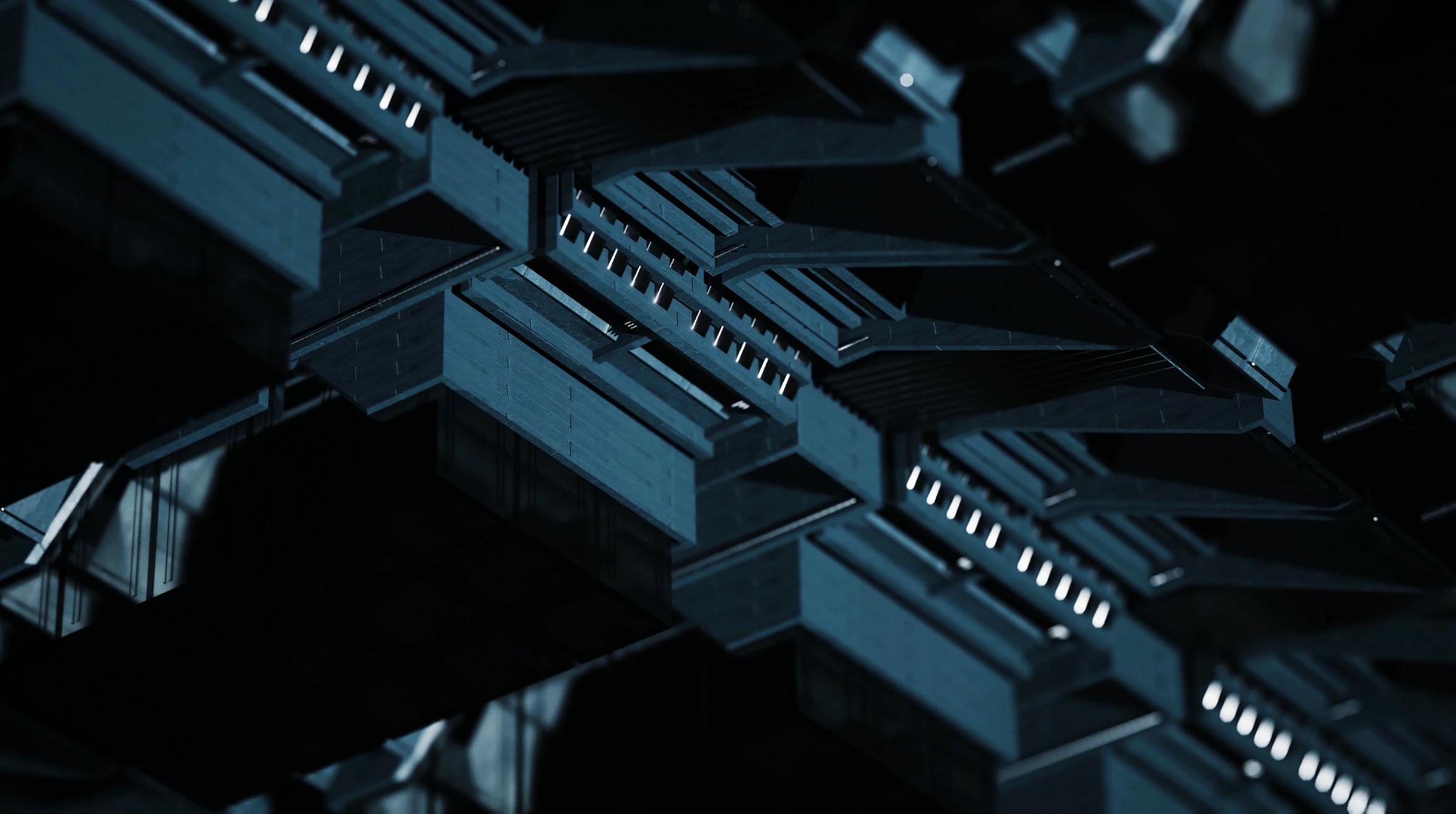 Dark blue architectural component with light reflecting off metal elements 