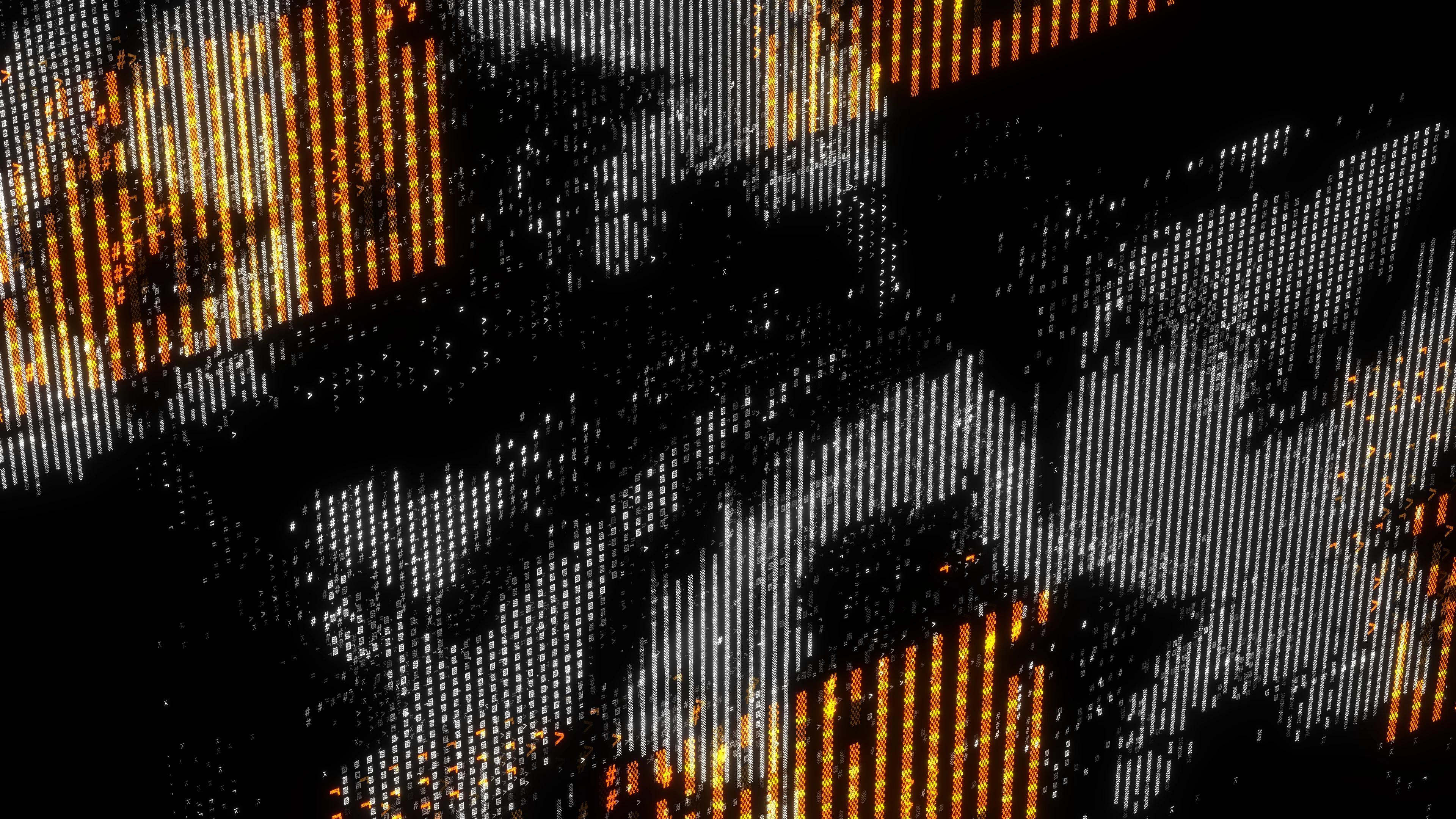 Layers of screens with white and orange pixels running down