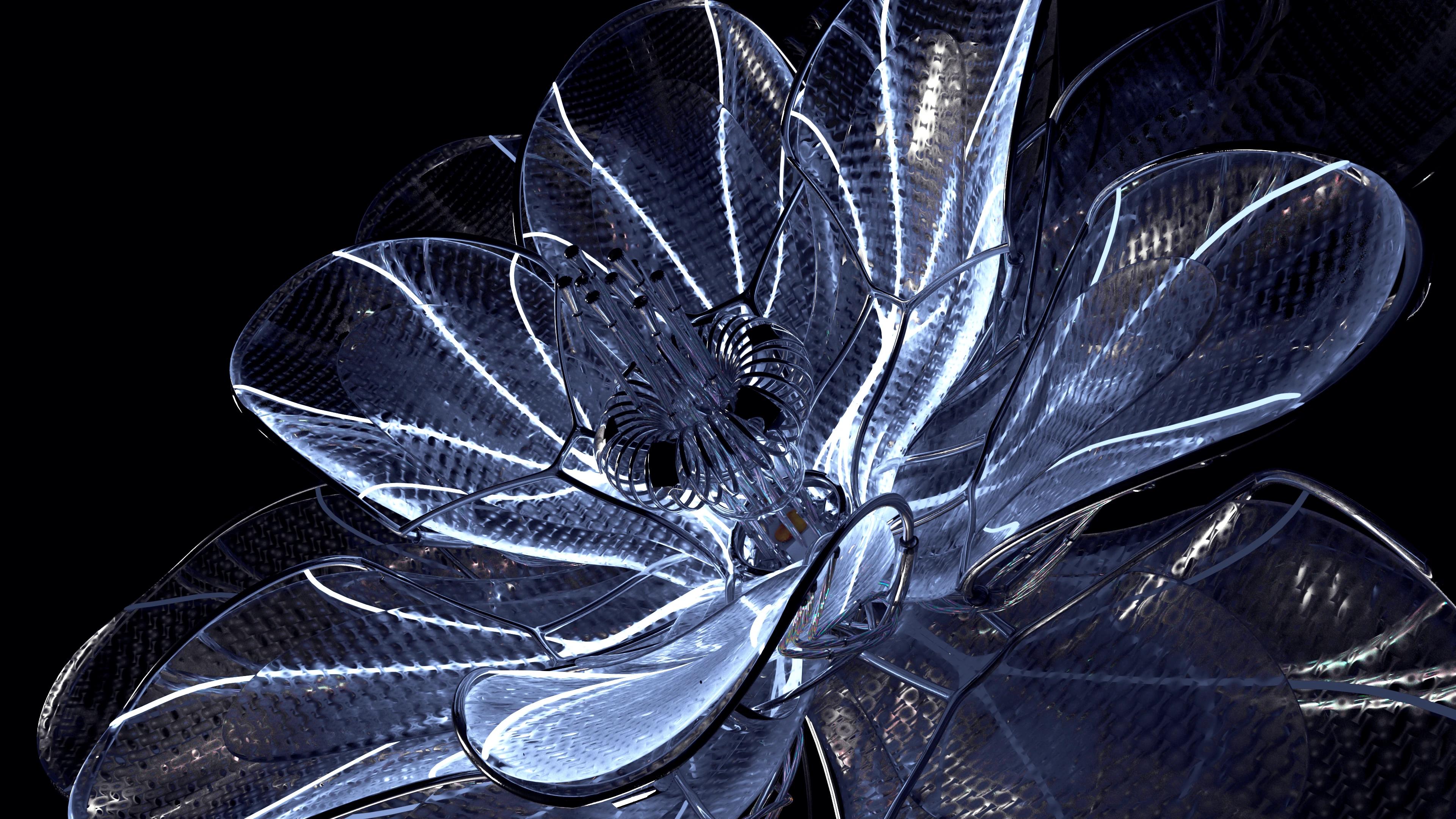 Blooming flower made with glass and metal panels