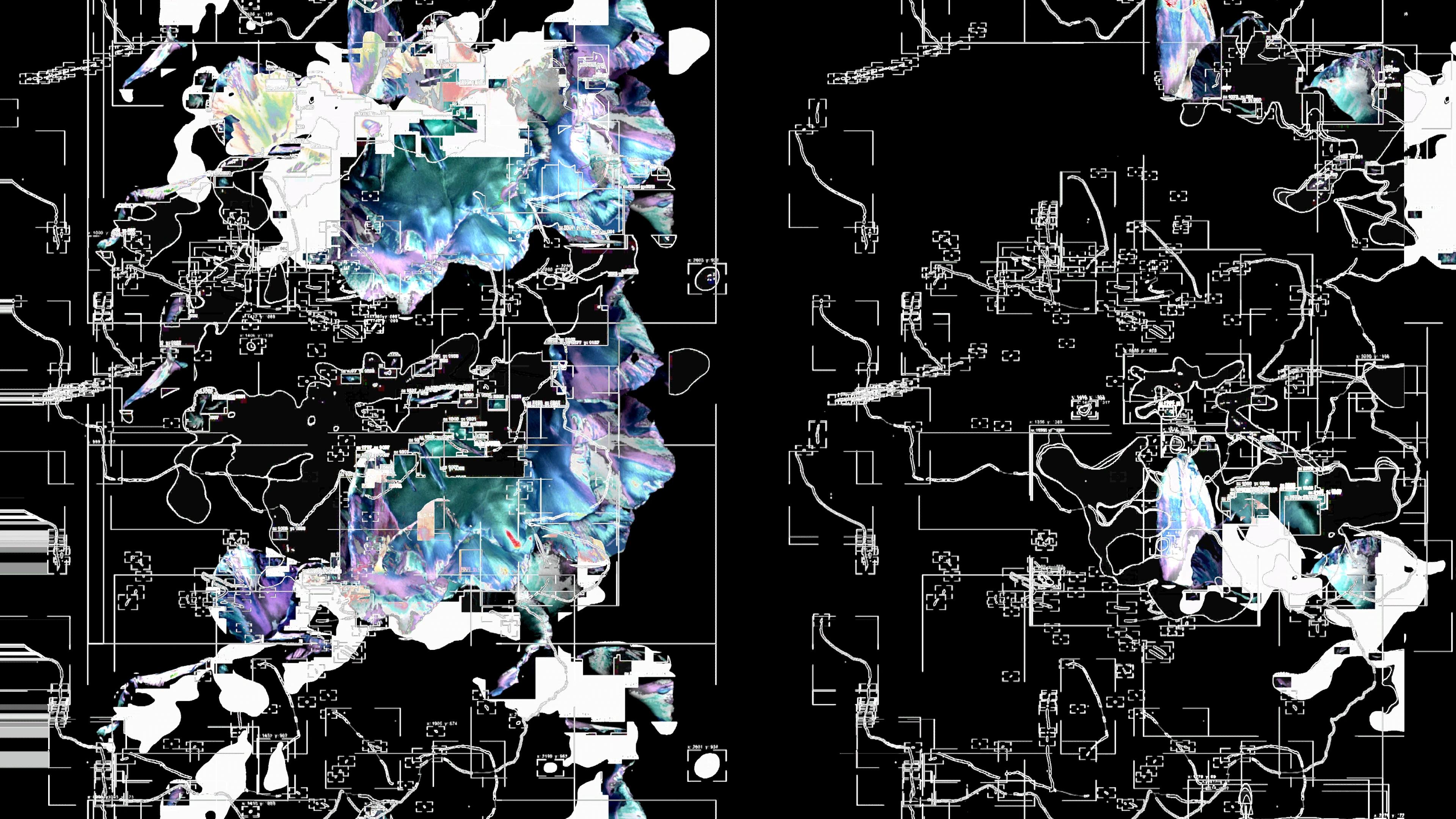 Lots of white computer graphics with some collaged flower shapes behind