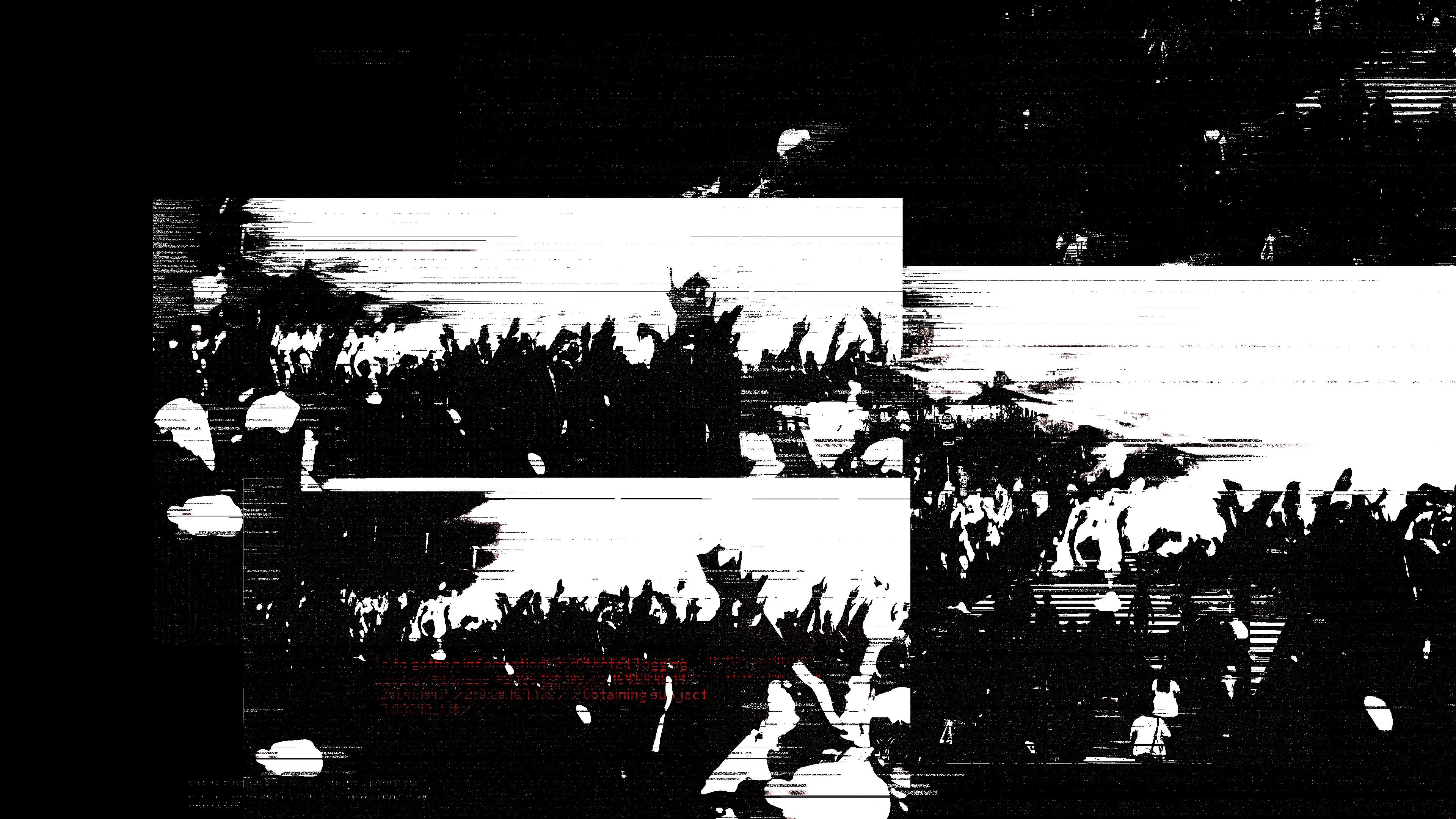 Black and white crowds of people with hands up and glitches 