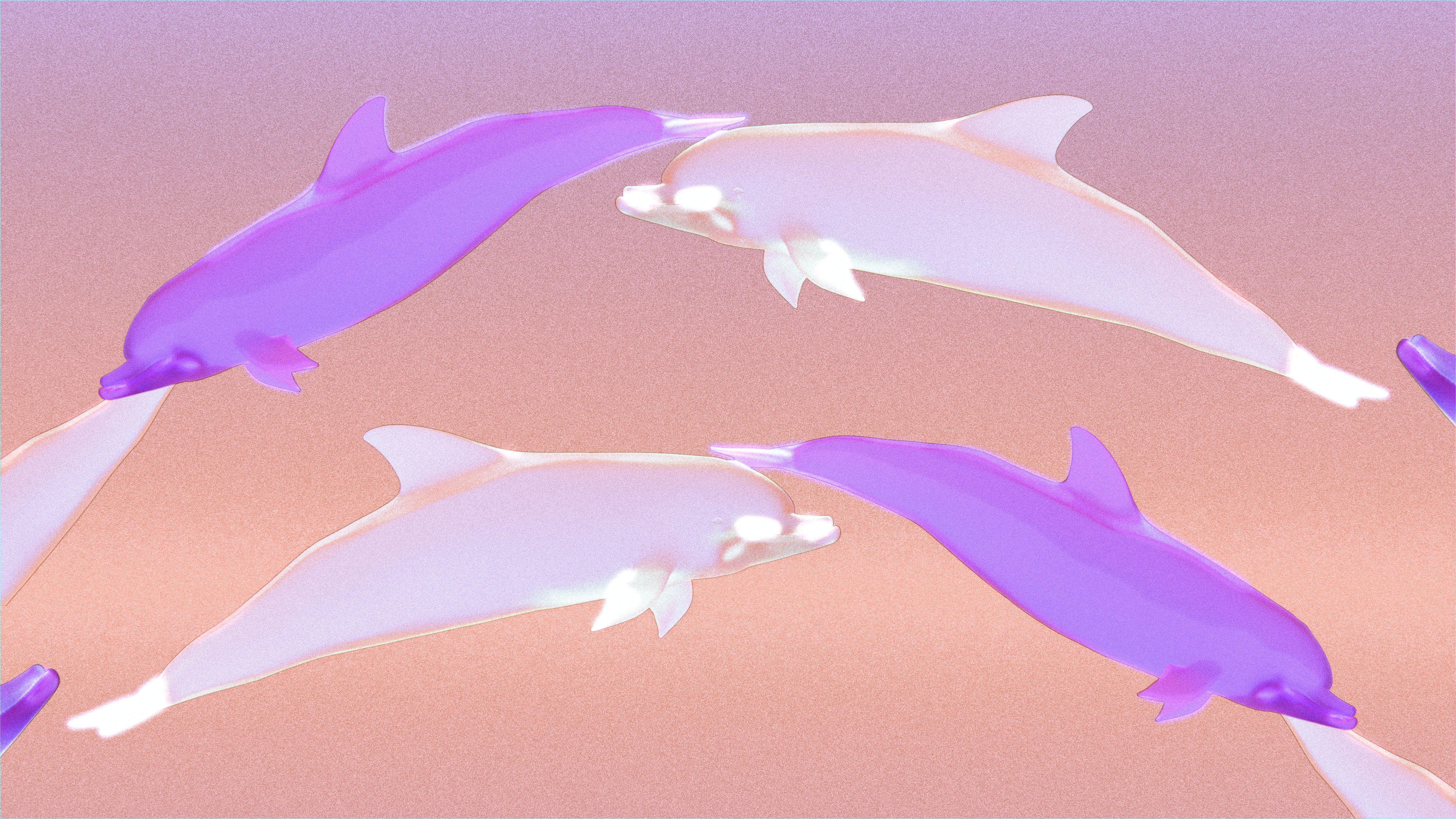 White and purple glass dolphins arcing over an orange background