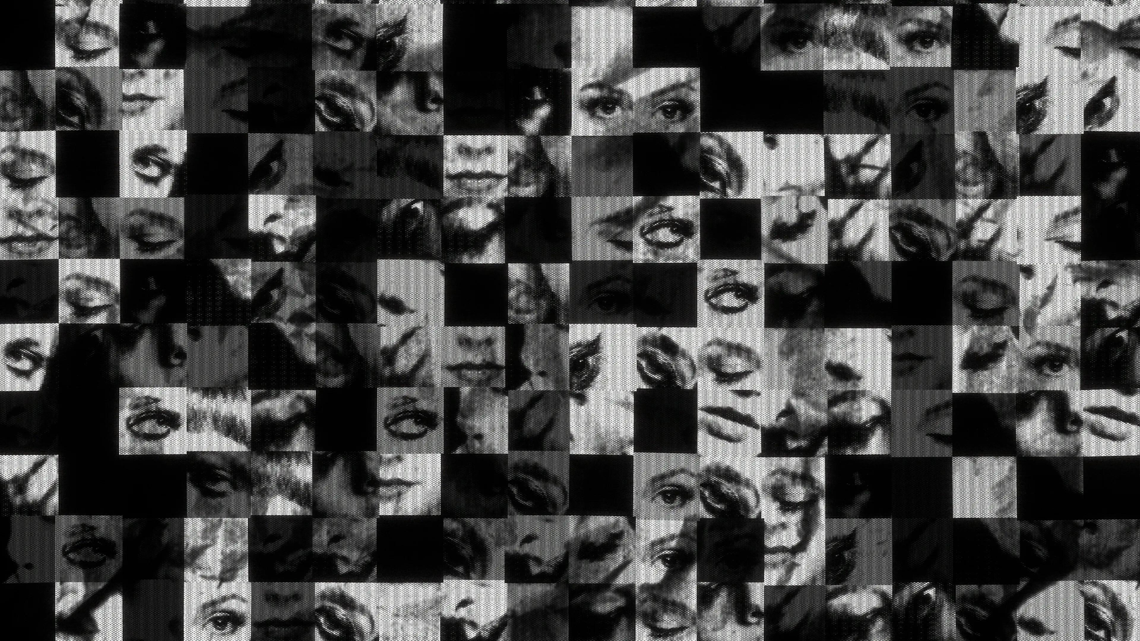 Lots of small squares containing different elements of a female face