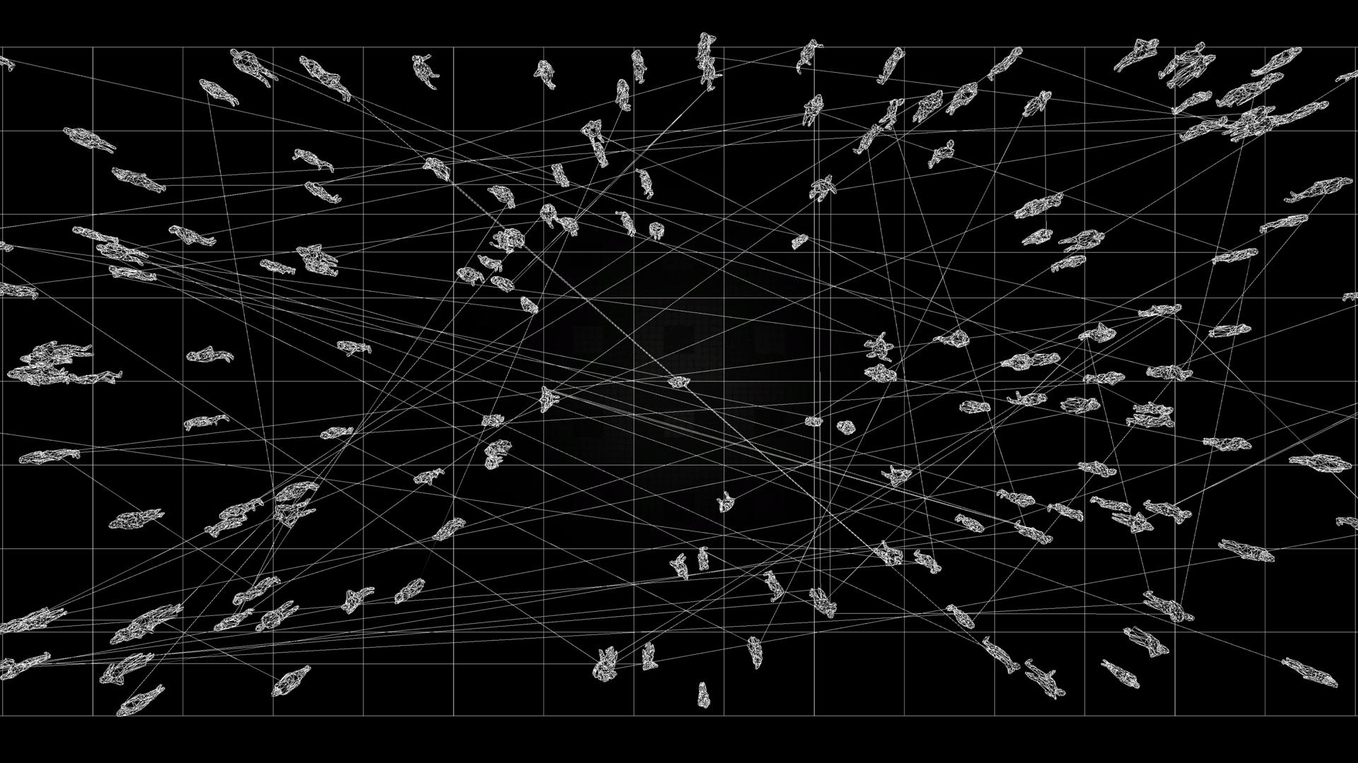 Polygon figures connected via a large white network of lines