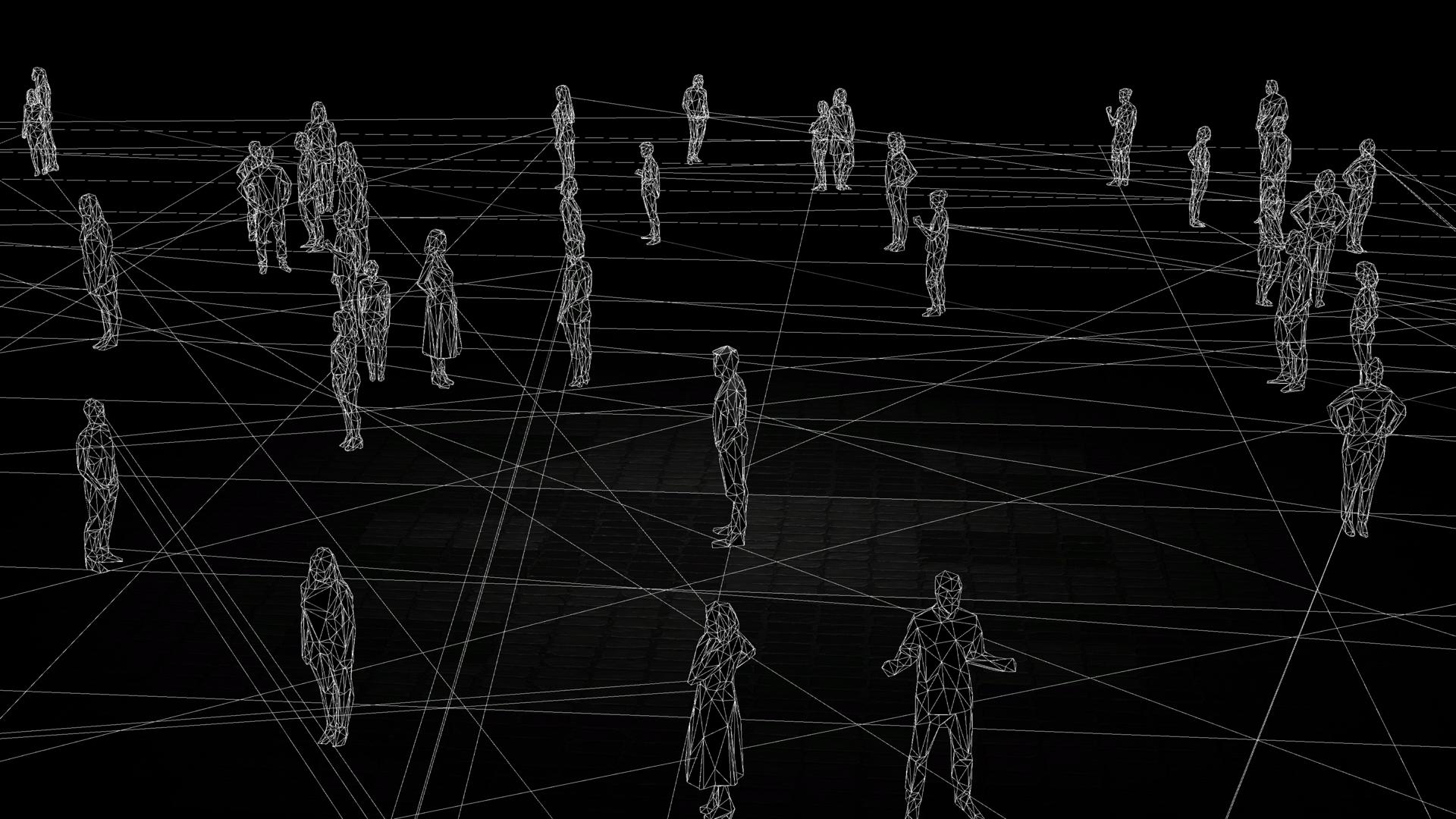 Polygon figures connected in a wireframe grid