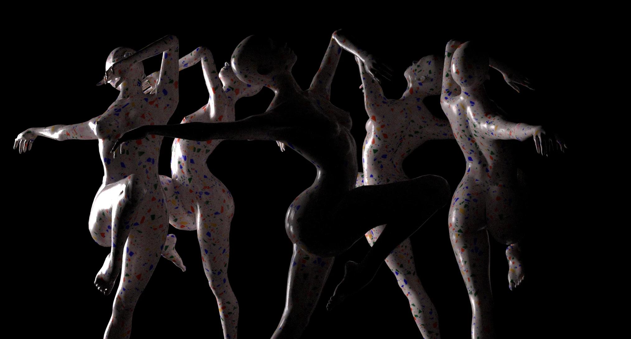 Dancing female mannequins with multi-coloured paint splatters all over their bodies, against black background