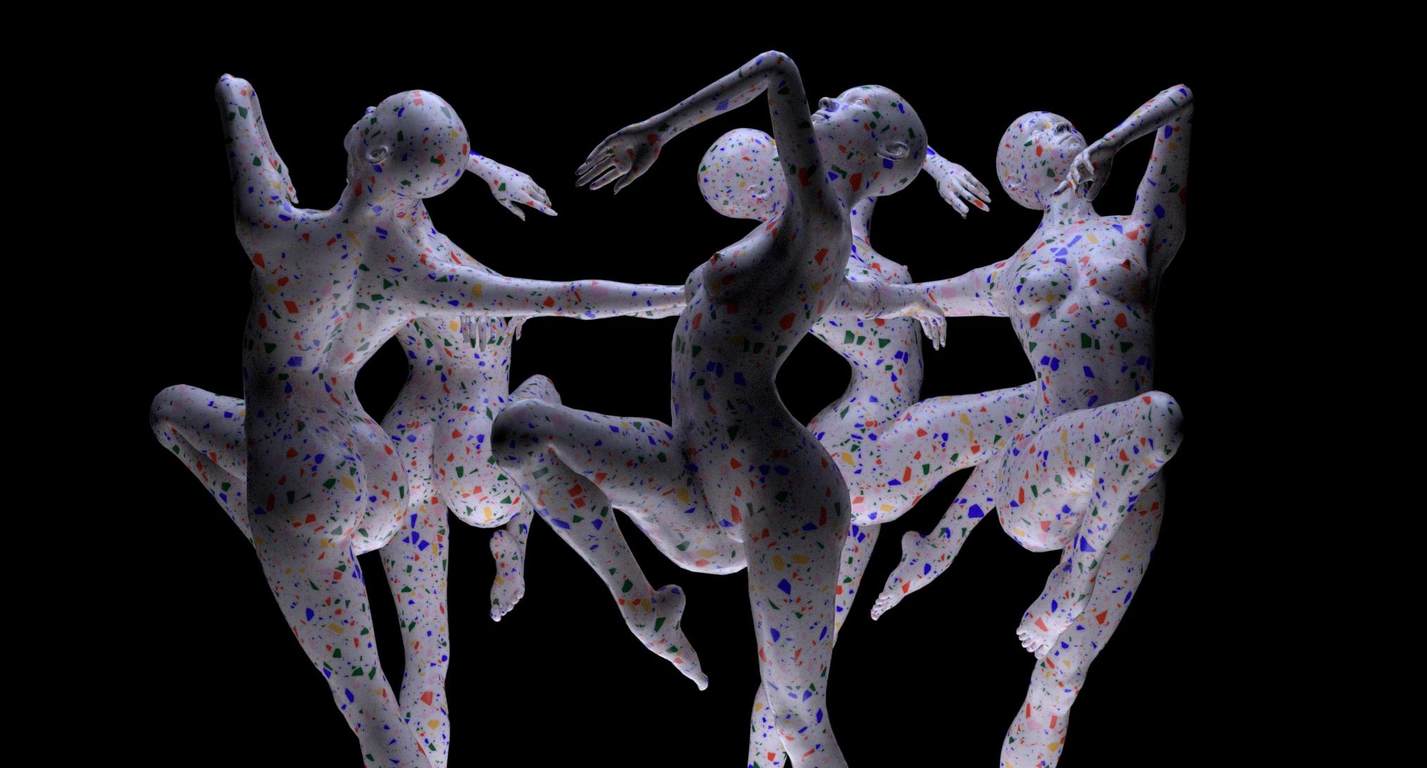 Dancing female mannequins spinning in a circle with multi-coloured paint splatters all over their bodies