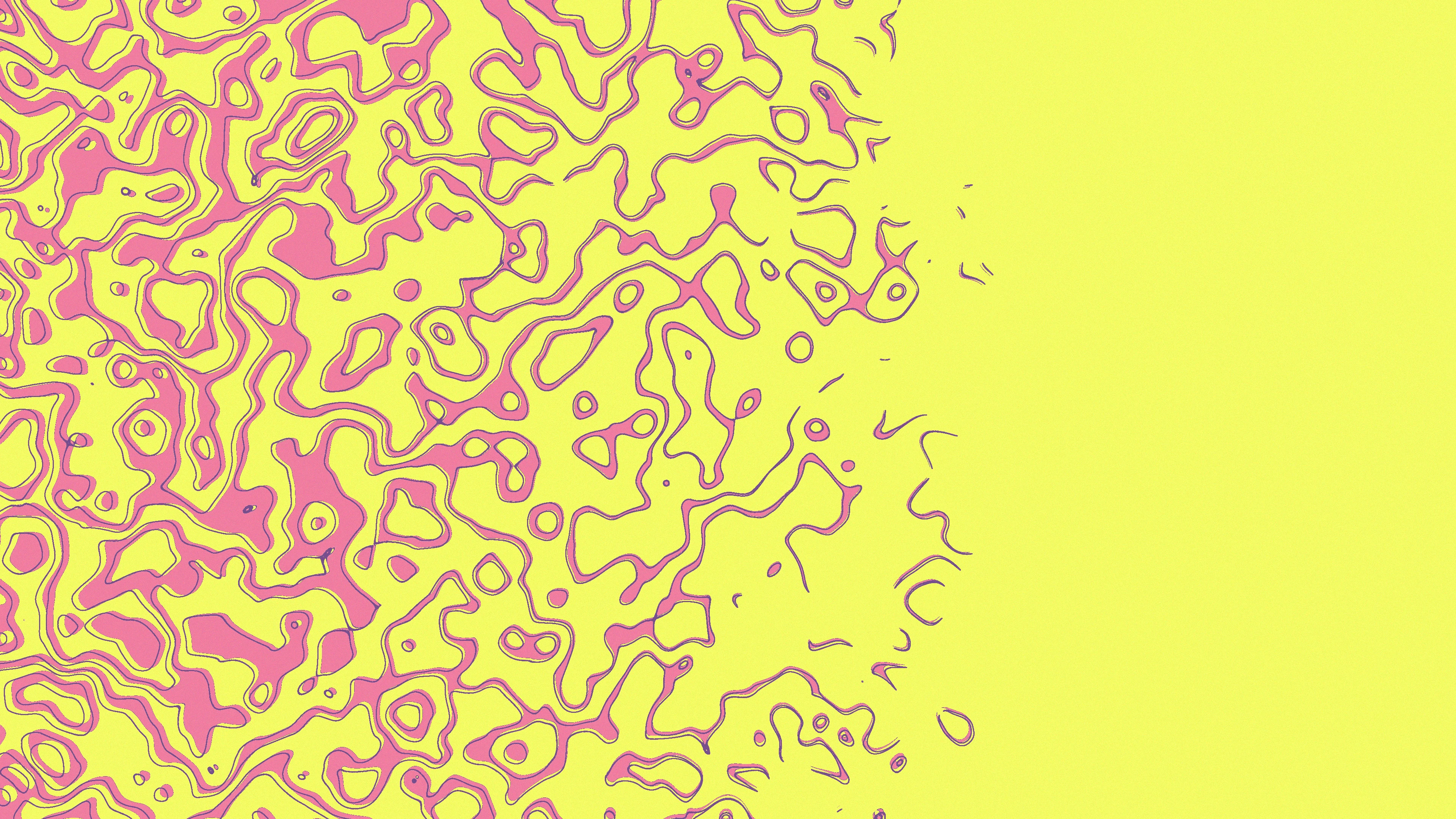 Peach fluid squiggles over a yellow background