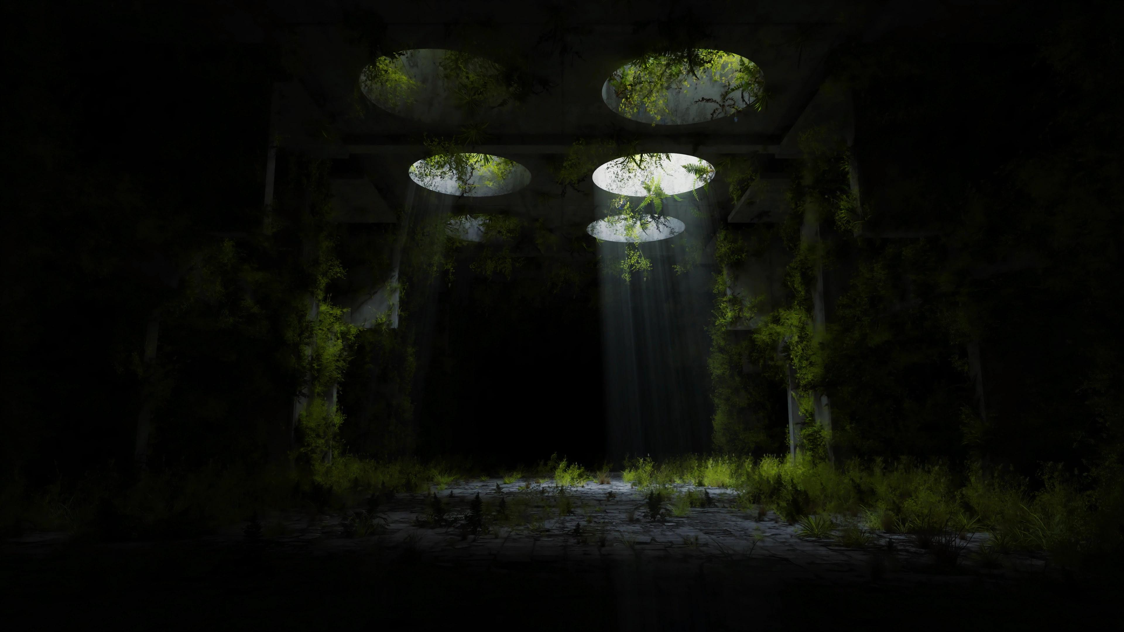 Dark concrete room with sun streaming in from above through circular ceiling holes