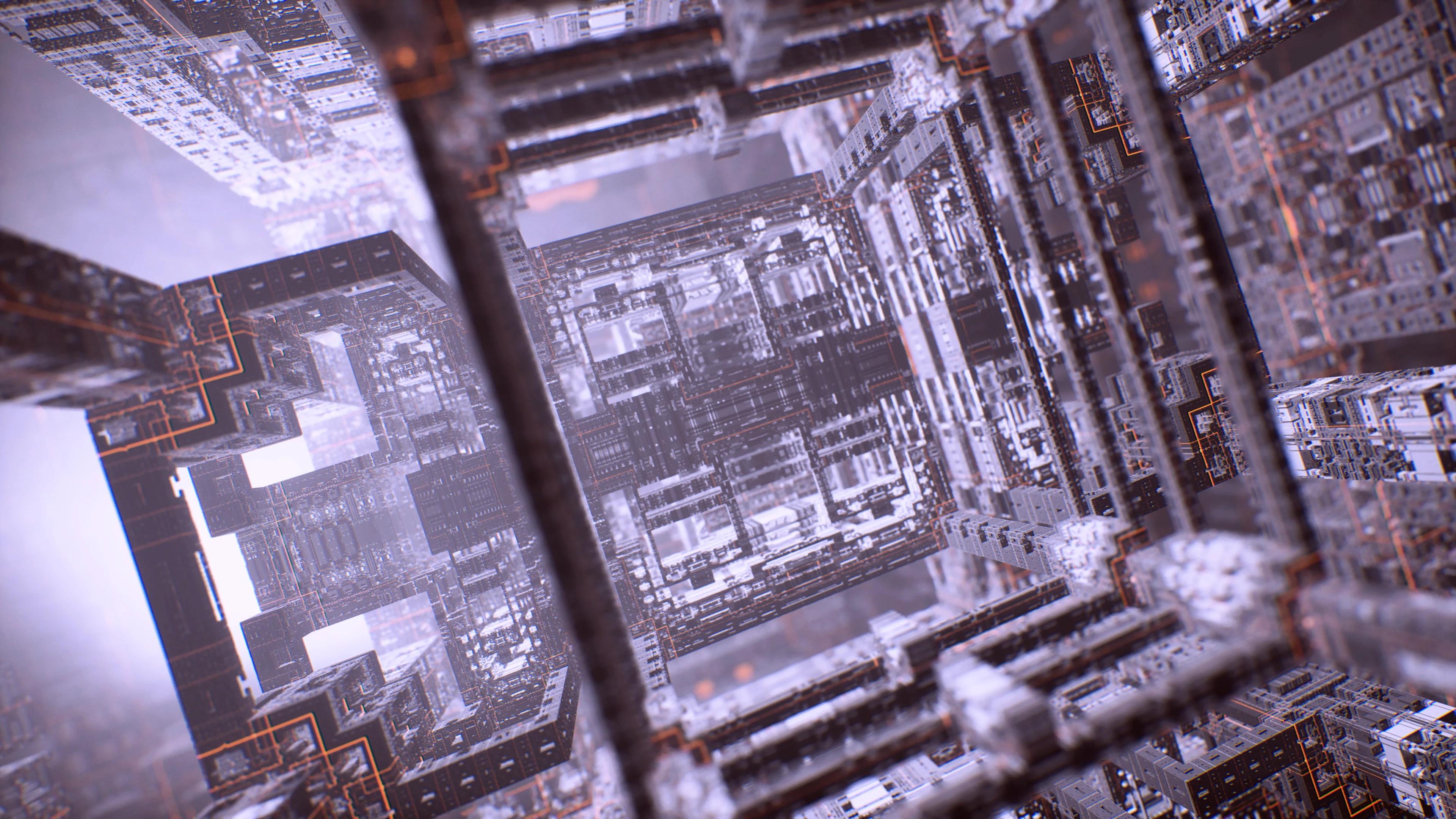 3D light purple structure made up of microchip and red lights