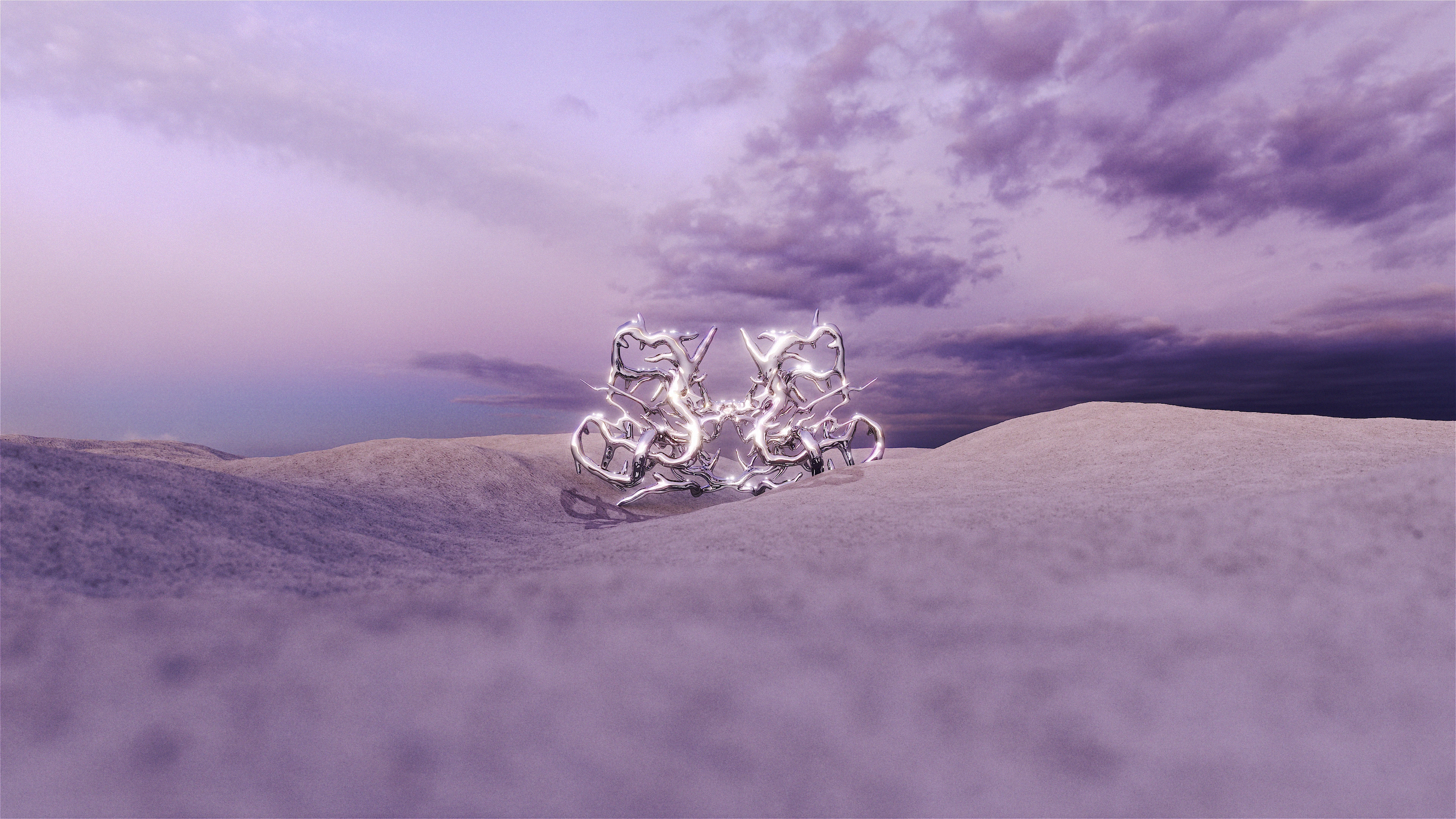 Shiny metallic structure set in dusky desert scene with purple clouds and sand