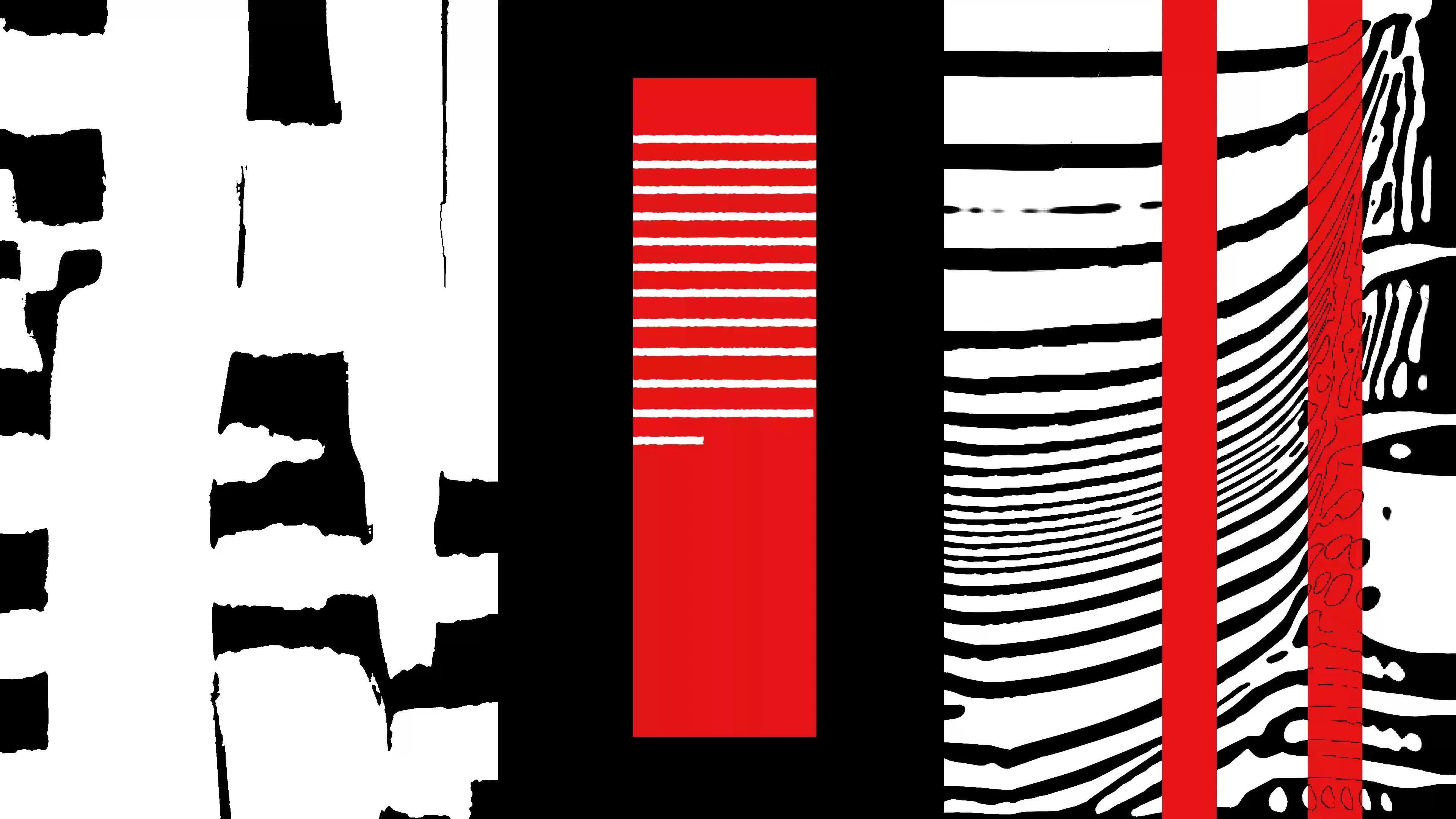Red rectangles layered over black and white stripes