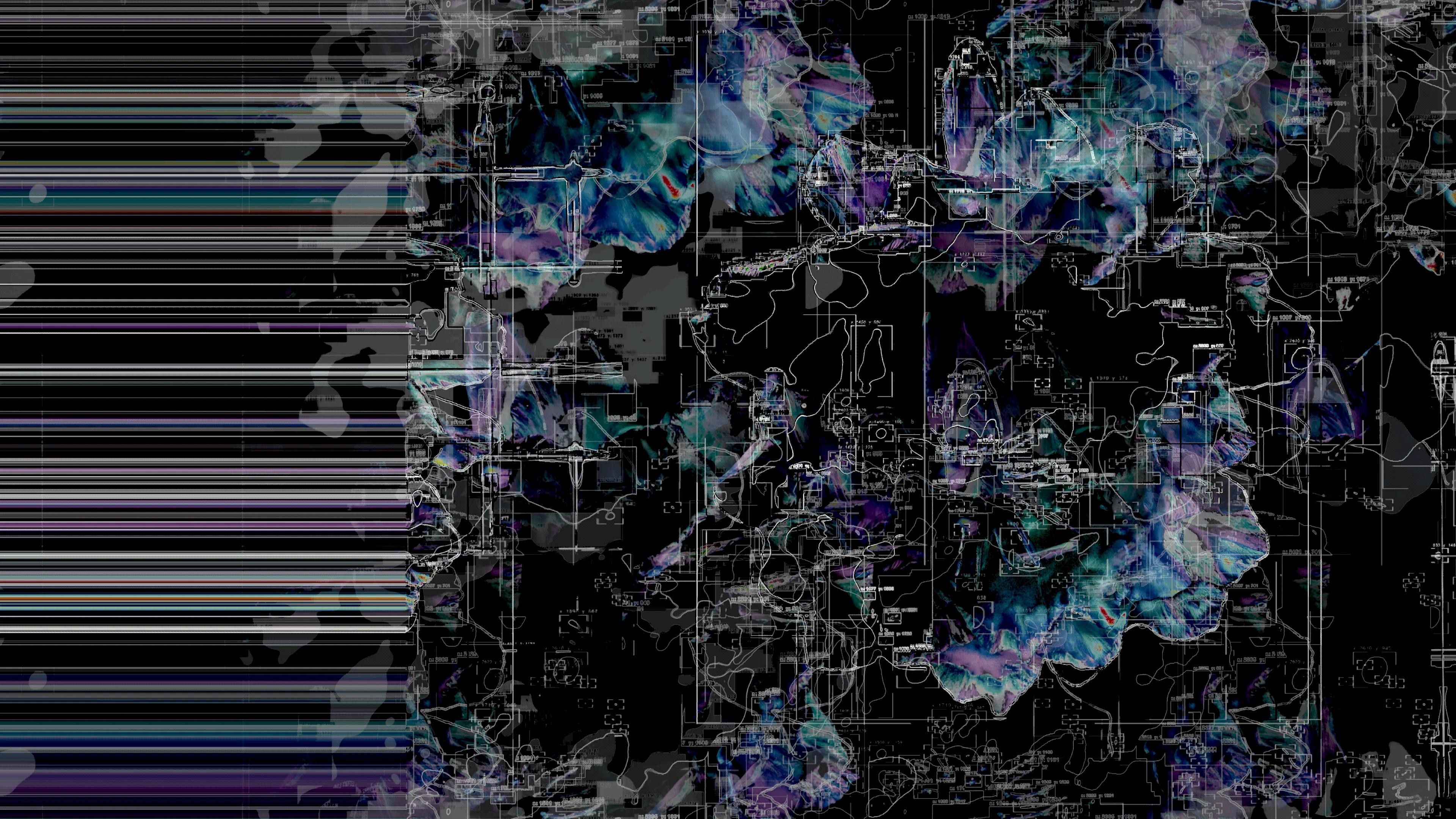 White drawings like an architectural plan with hints of a blue and purple flower layered on top