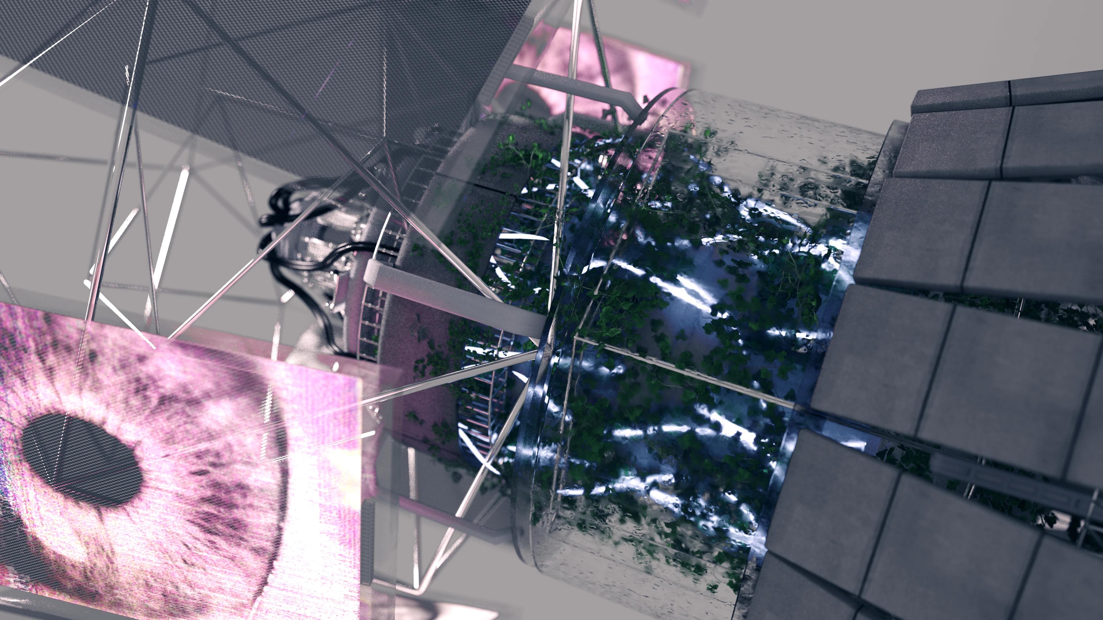Close-up of a machine with metal poles protruding and a large pink eye on a screen