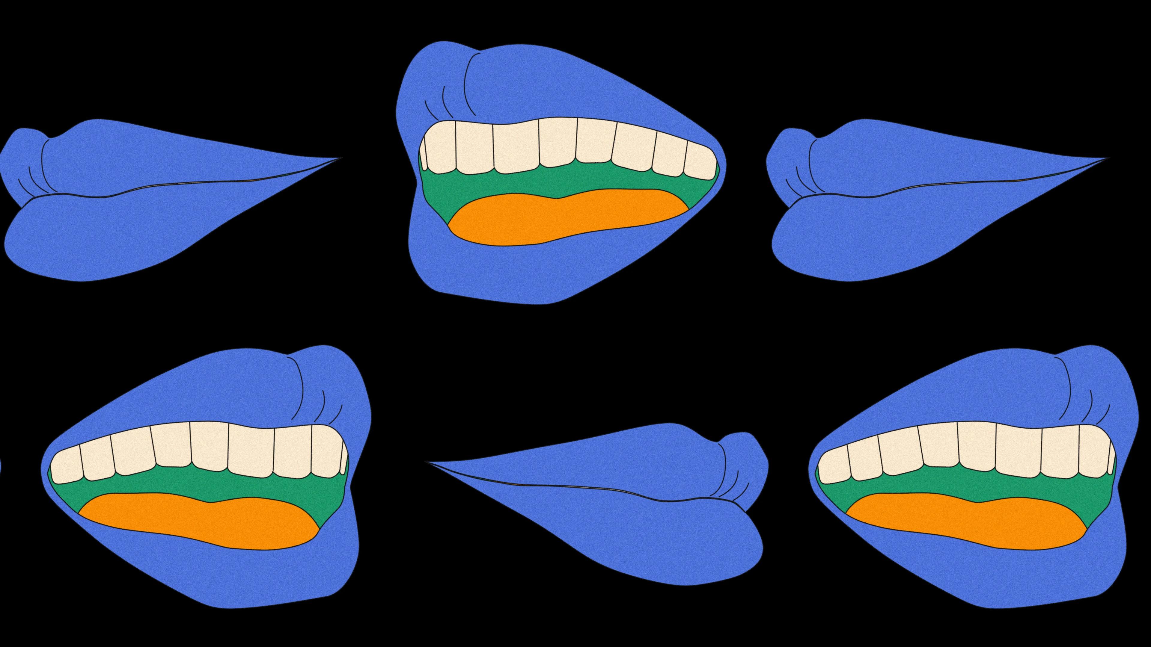 2 rows of blue-lipped grinning and closed mouths 