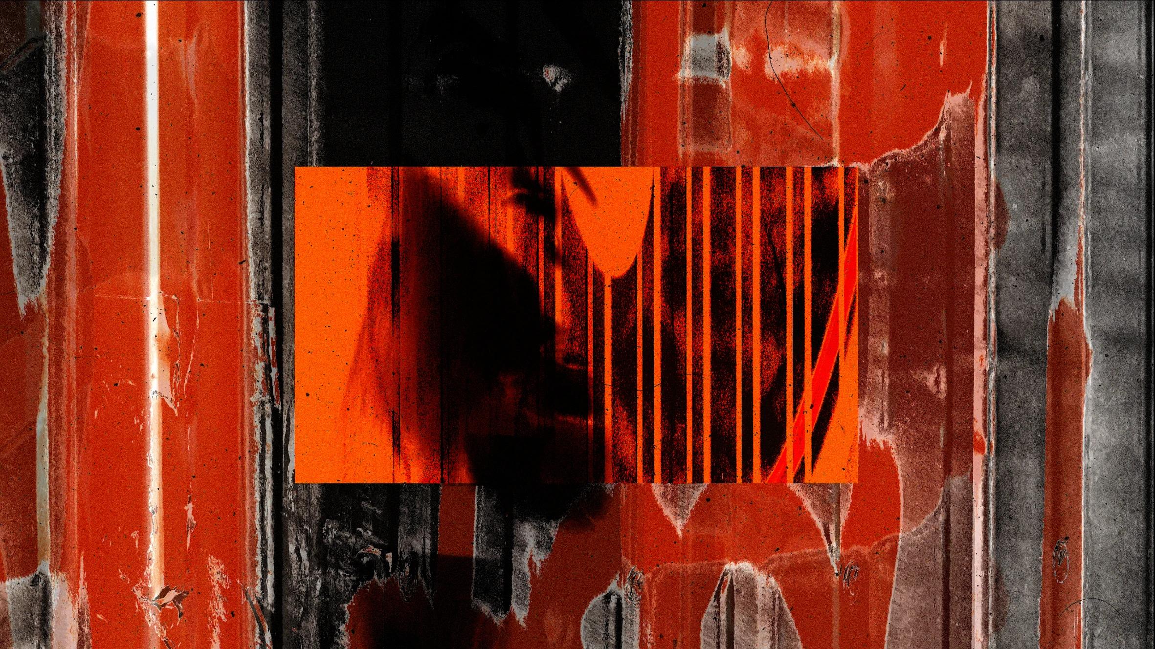 Red and grey textural background with red rectangle layered over the top