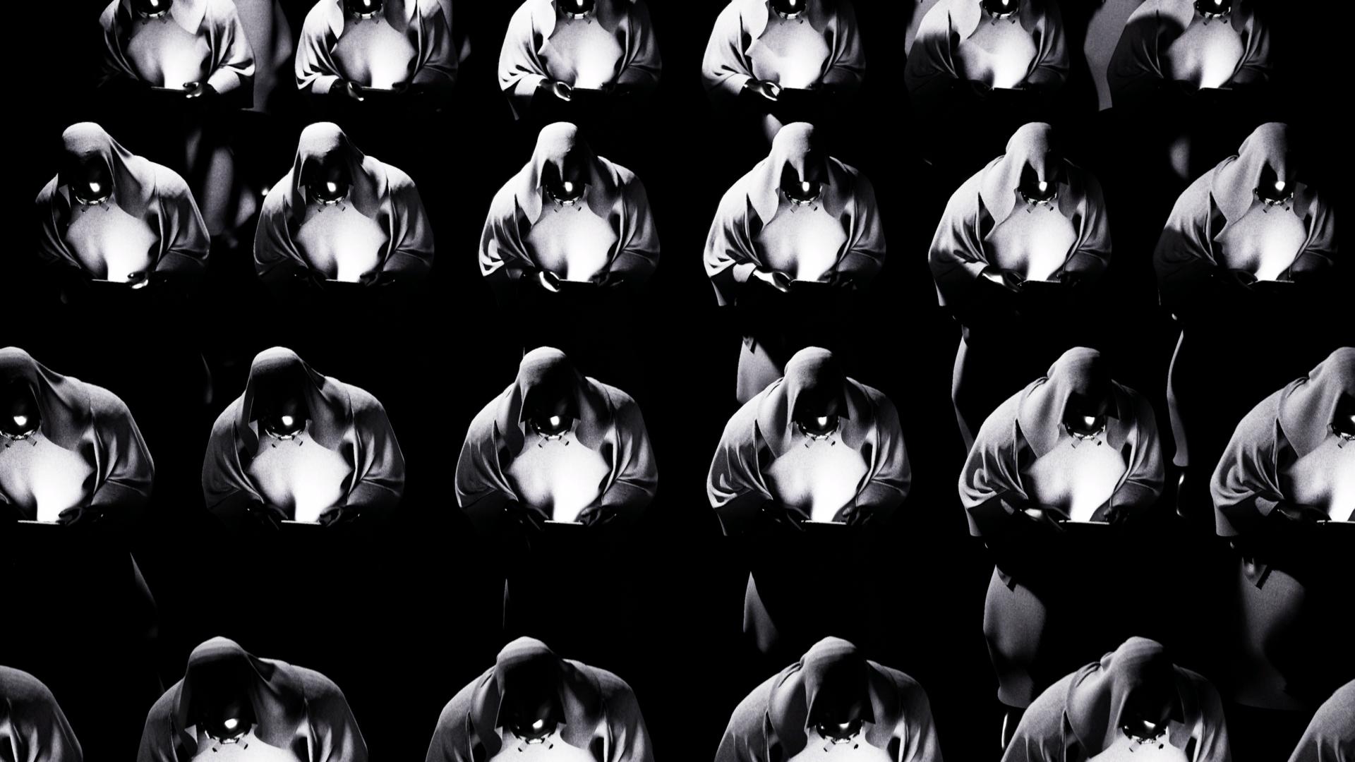 Hooded and cloaked figures looking at phones in hands walking in rows