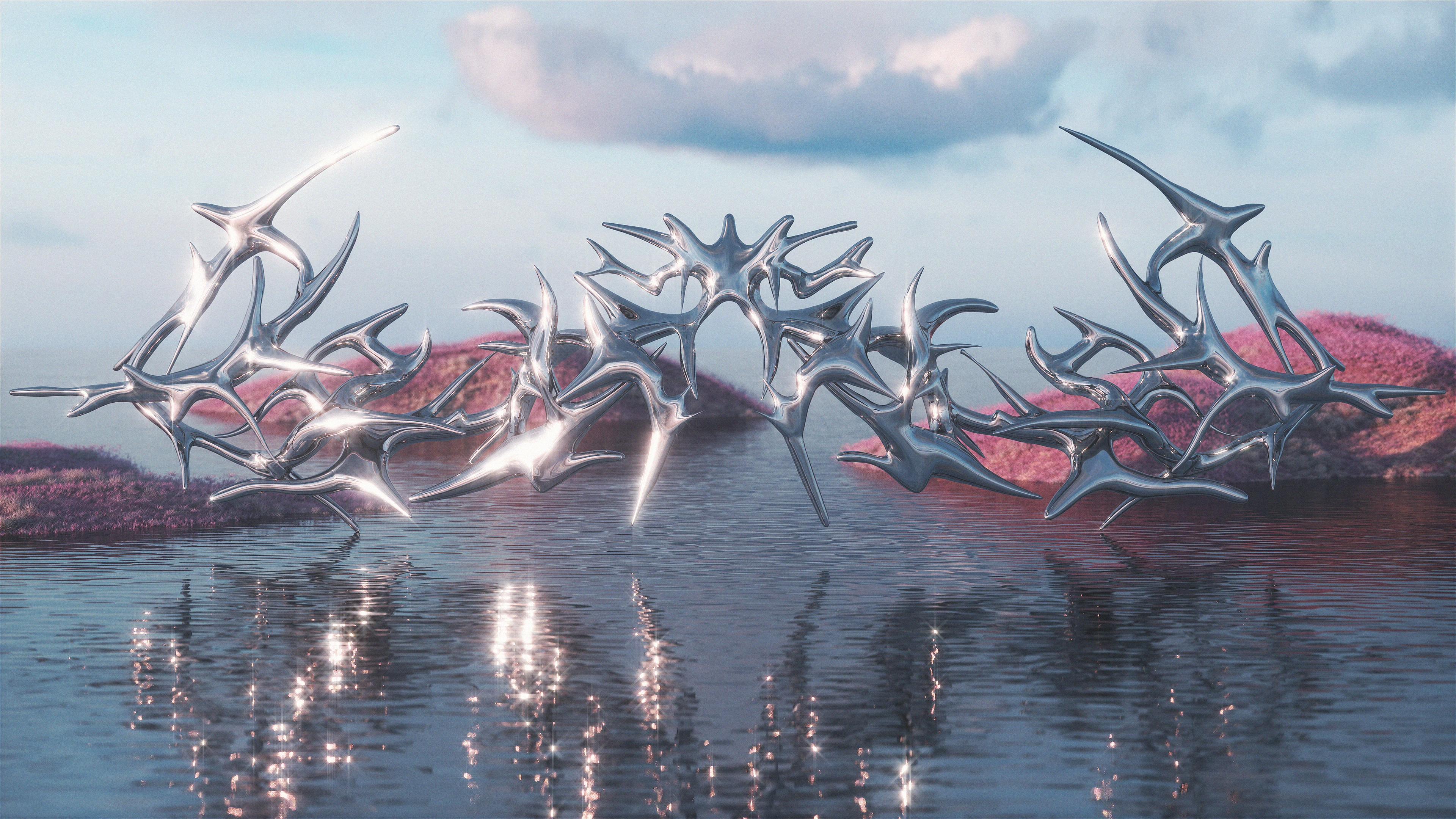 Large metallic formation hovering above sea with pink islands behind it