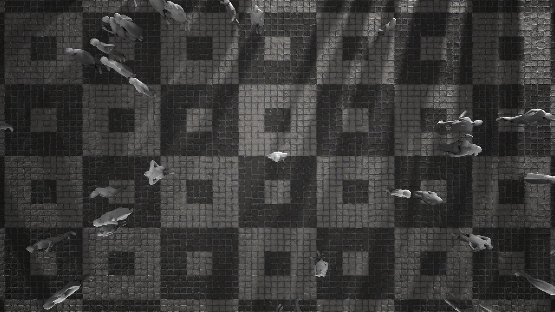 White figurines from above standing on square tiled floor
