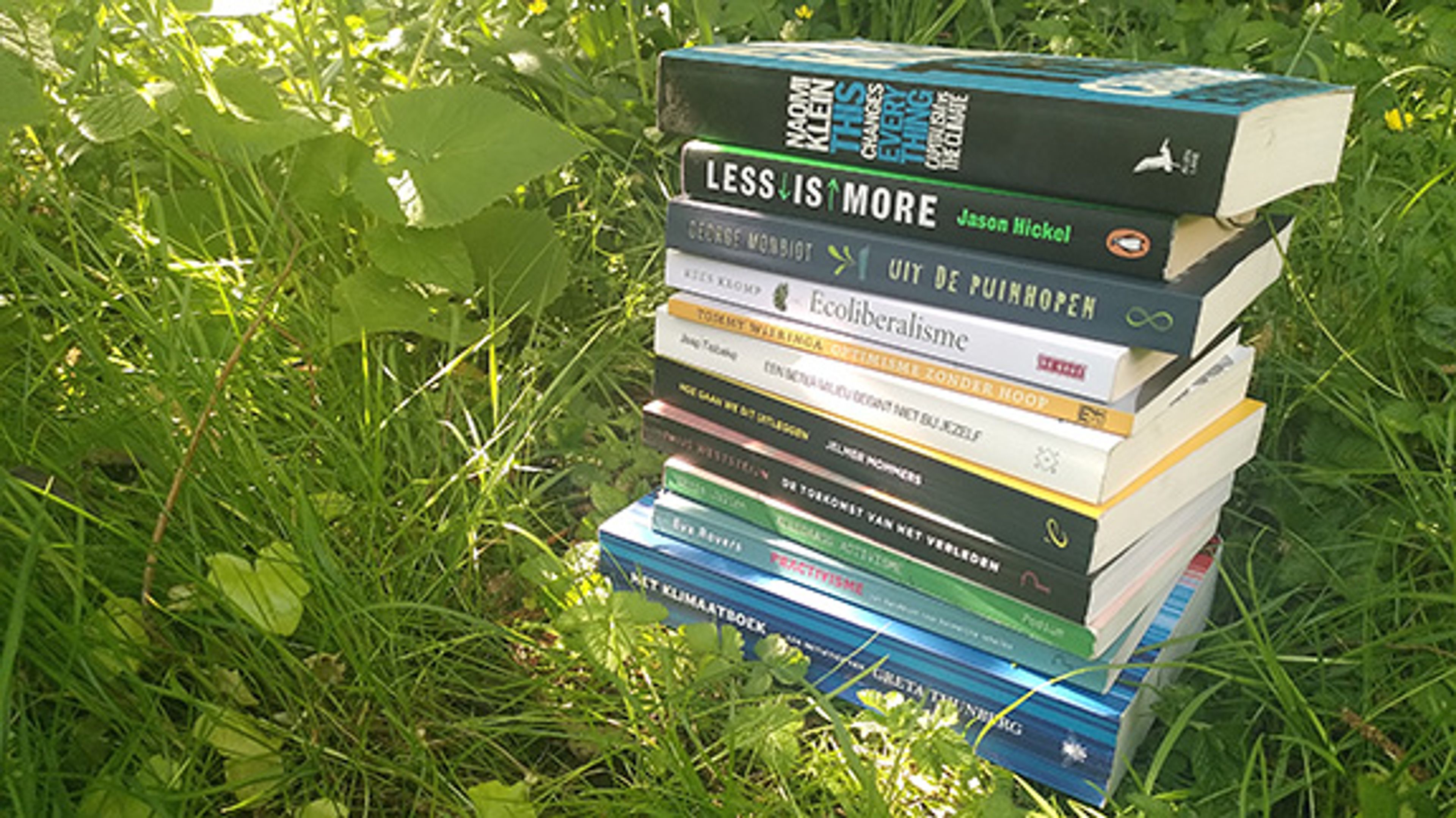 Foto van een stapel boeken over klimaat, op een grasveld