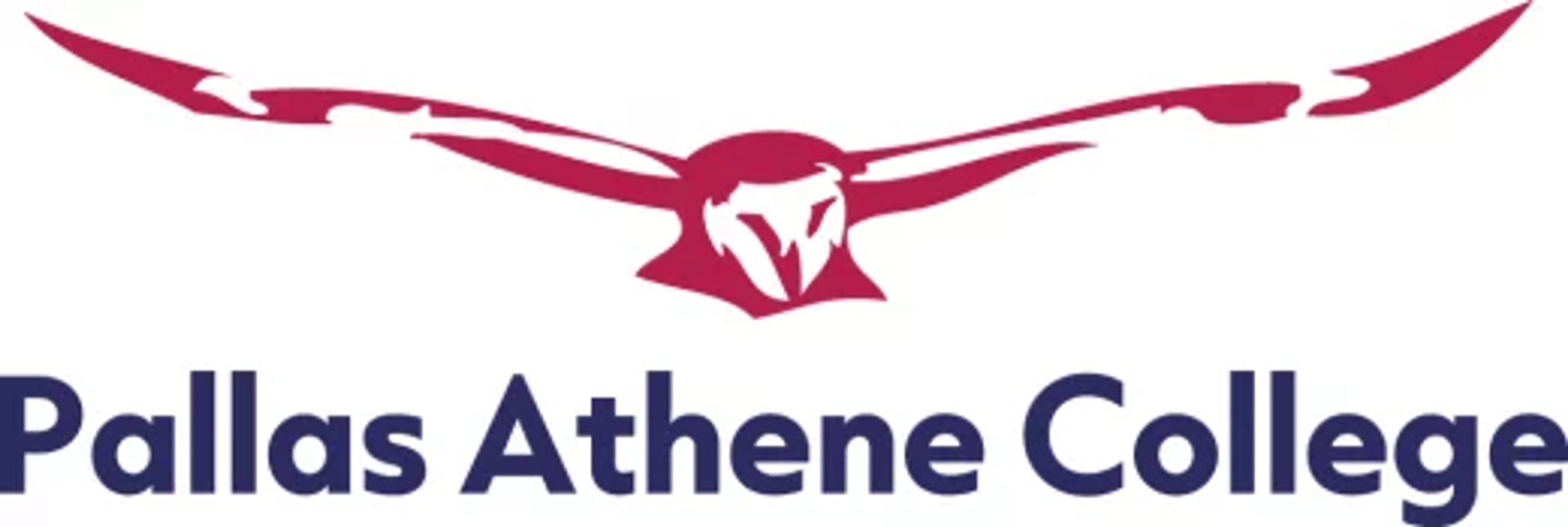 Logo of Pallas Athene College featuring a stylized dark pink bird with outstretched wings above the school name in dark blue letters on a white background.
