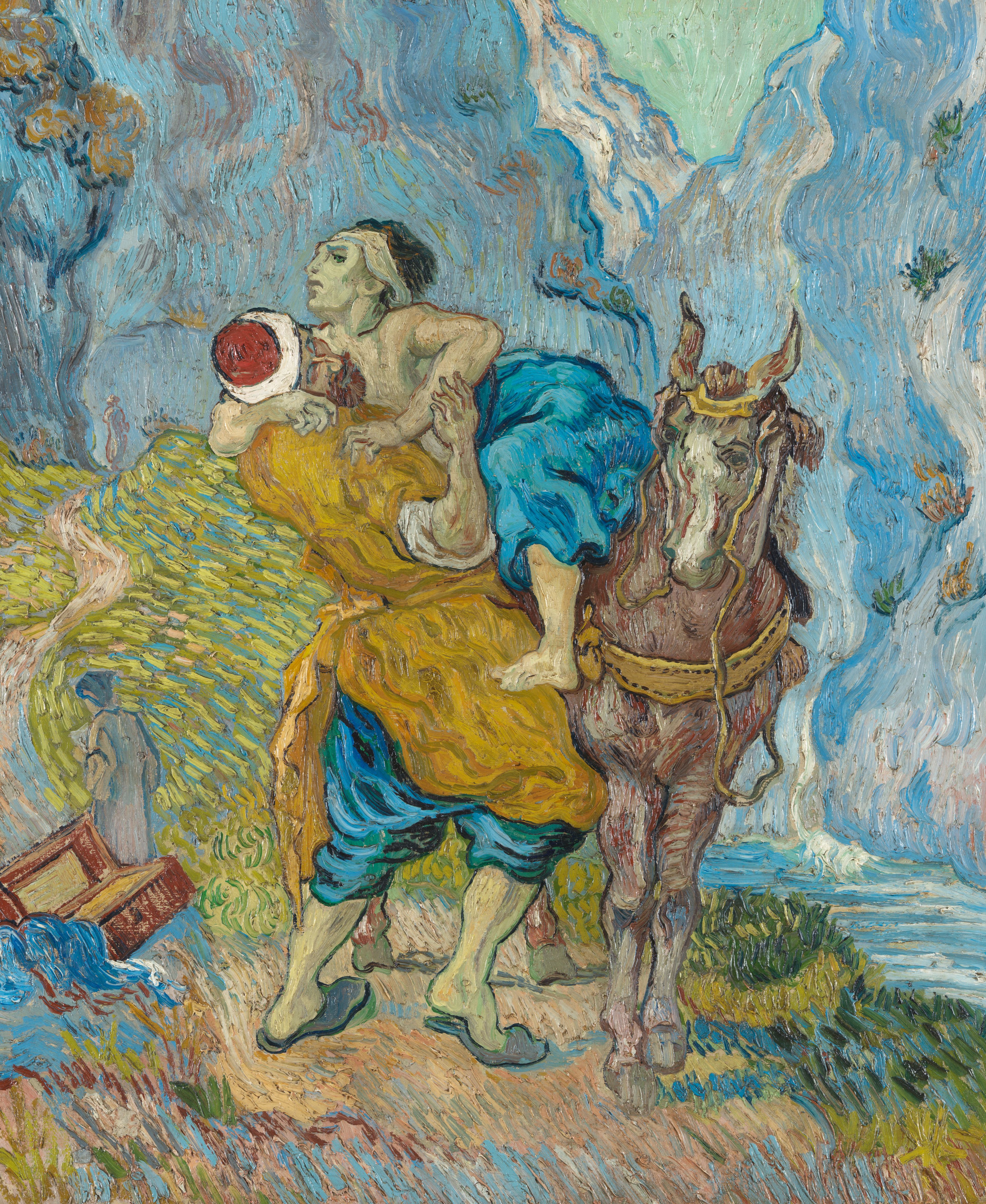 Vincent van Gogh, _De barmhartige Samaritaan (naar Delacroix)_, begin mei 1890 Schilderij van Vincent van Gogh, een historische scène met een man die een andere man van paard aftilt.