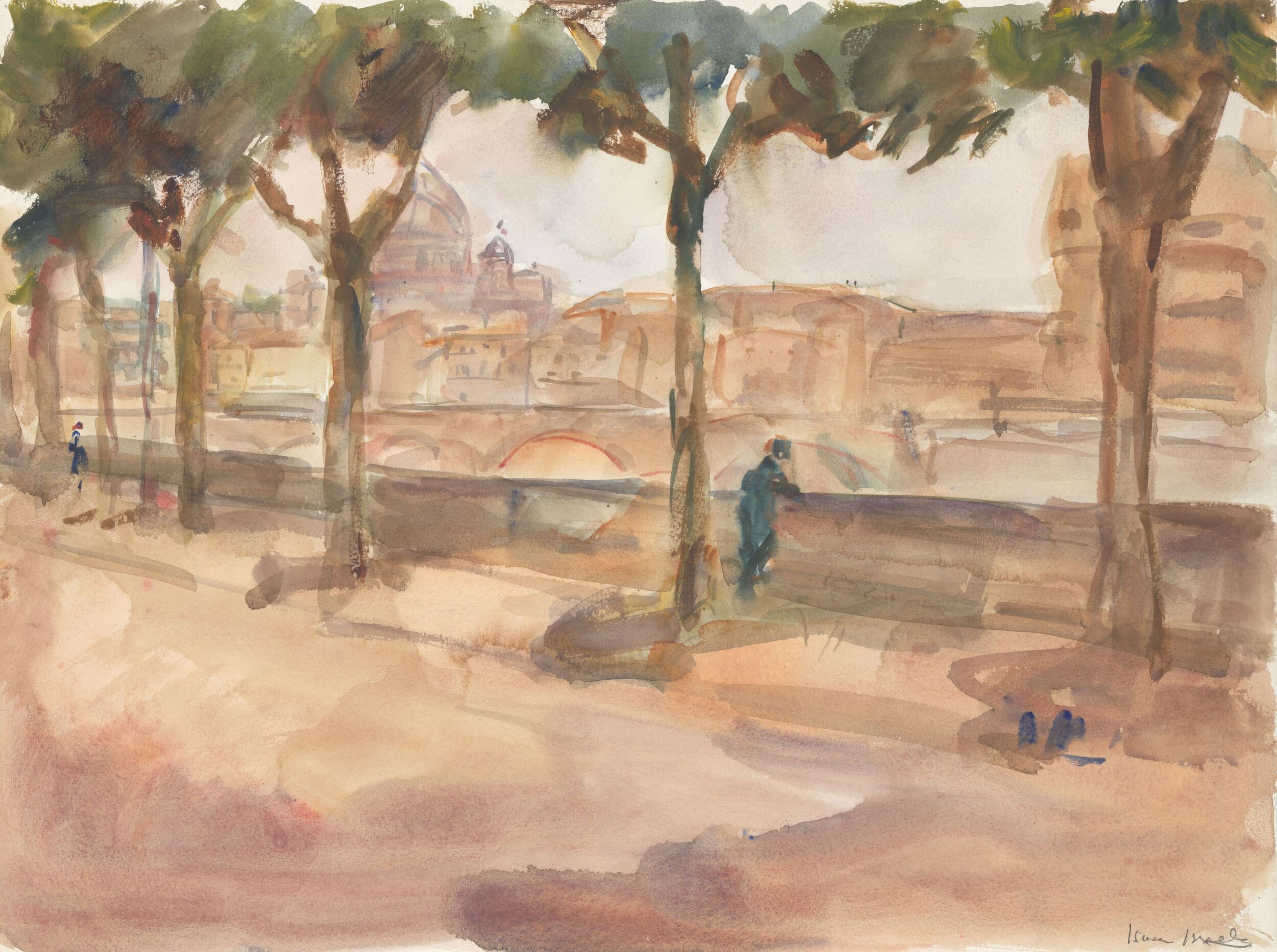Isaac Israels, _Gezicht op Rome_, 1923-1928 Aquarel van een stadsgezicht met bomen op de voorgrond en een rivier met brug in het midden. Zachte, gedempte kleuren en vage contouren creëren een rustige sfeer met enkele figuren langs de waterkant.