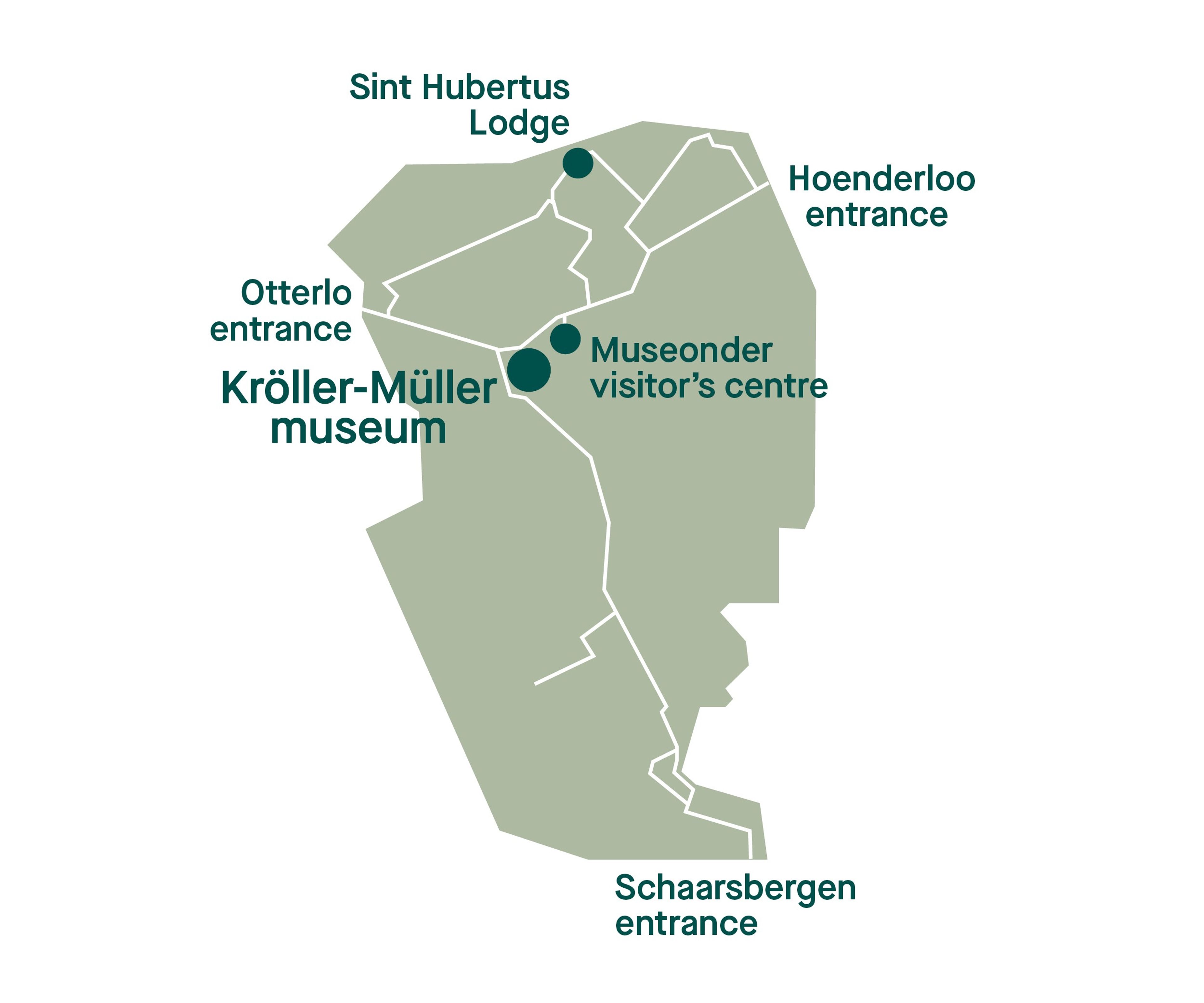 Map shows Kröller-Müller Museum and surrounding areas with three entrances: Otterlo, Hoenderloo and Schaarsbergen. Important locations are Museonder visitor centre and St Hubertus hunting lodge, with roads and paths marked.