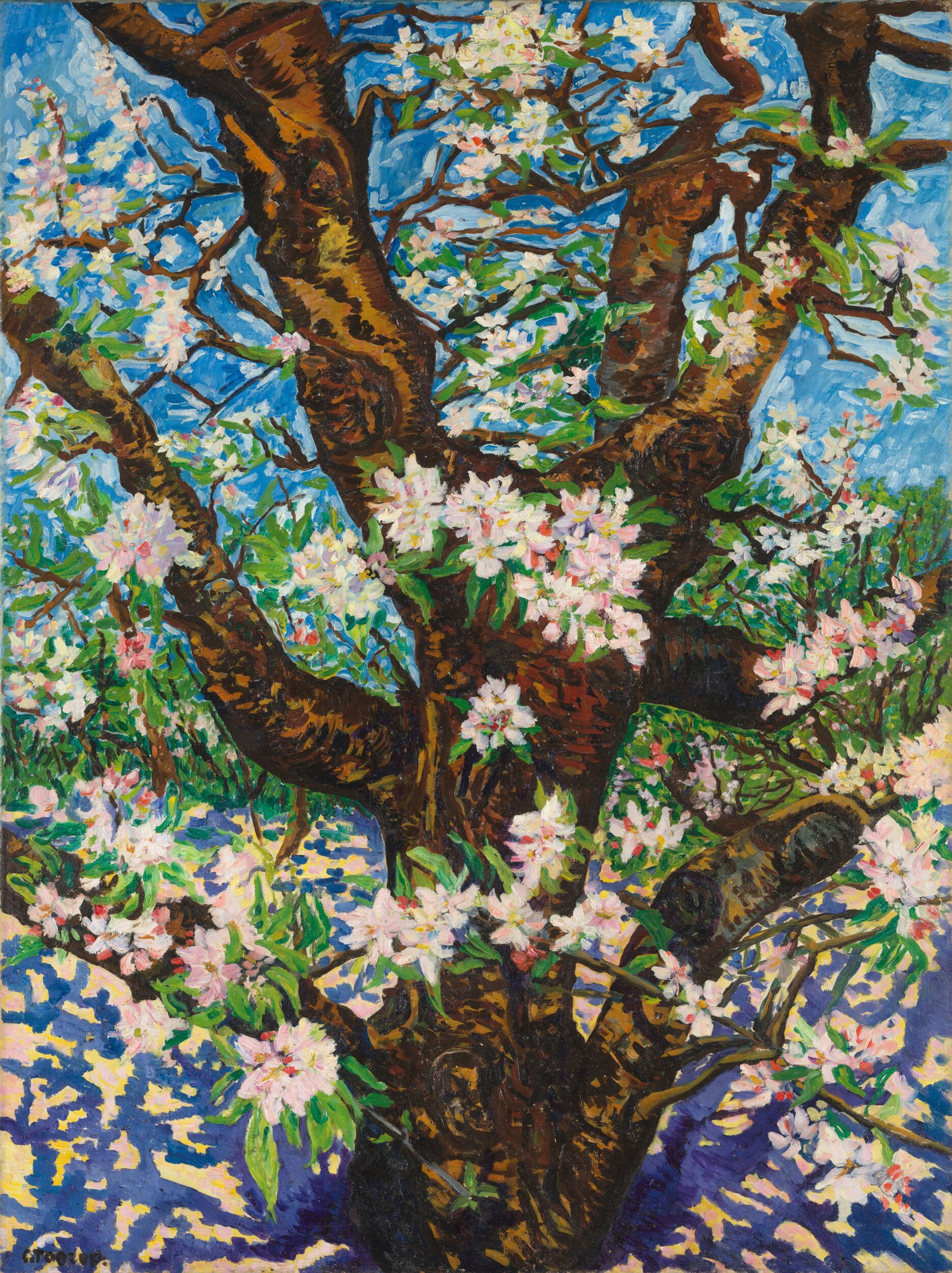 Charley Toorop, Oude bloeiende appelboom, 1949 Schilderij van een bloeiende boom met dikke, gedraaide takken en witte bloemen tegen een blauwe lucht.
