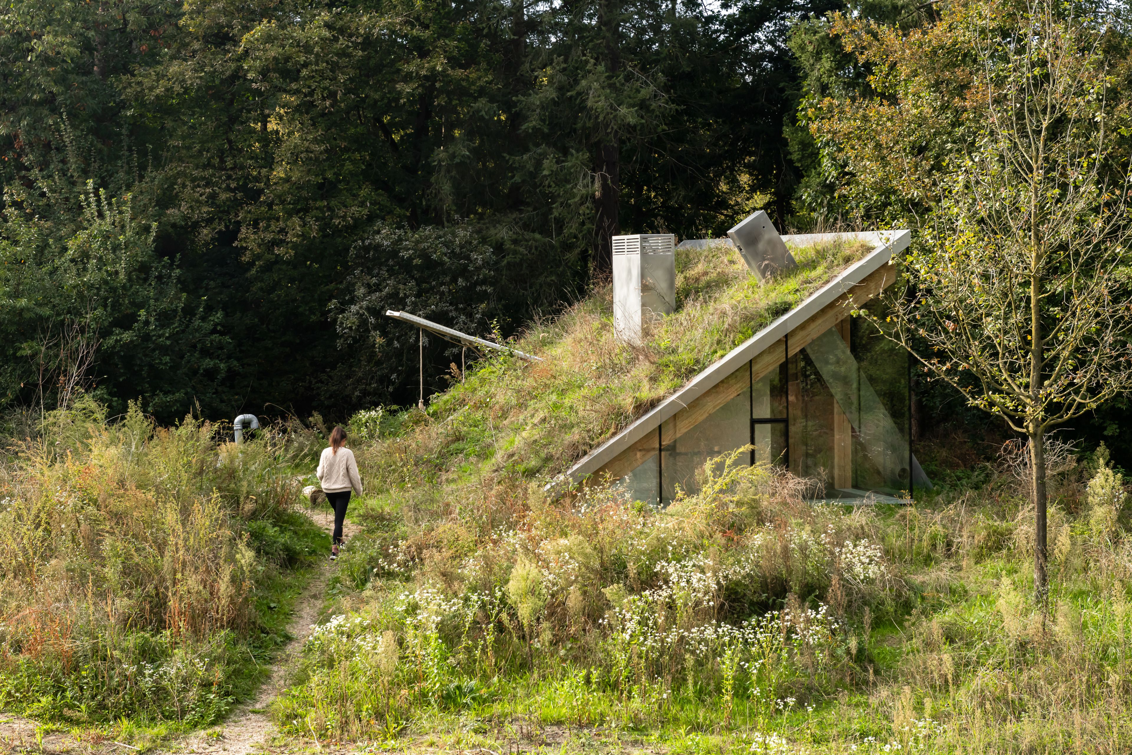 Foto van een huis met een schuin, begroeid groendak geïntegreerd in een natuurlijke omgeving. Een persoon loopt over een smal pad langs het huis, omgeven door wilde planten en bomen
