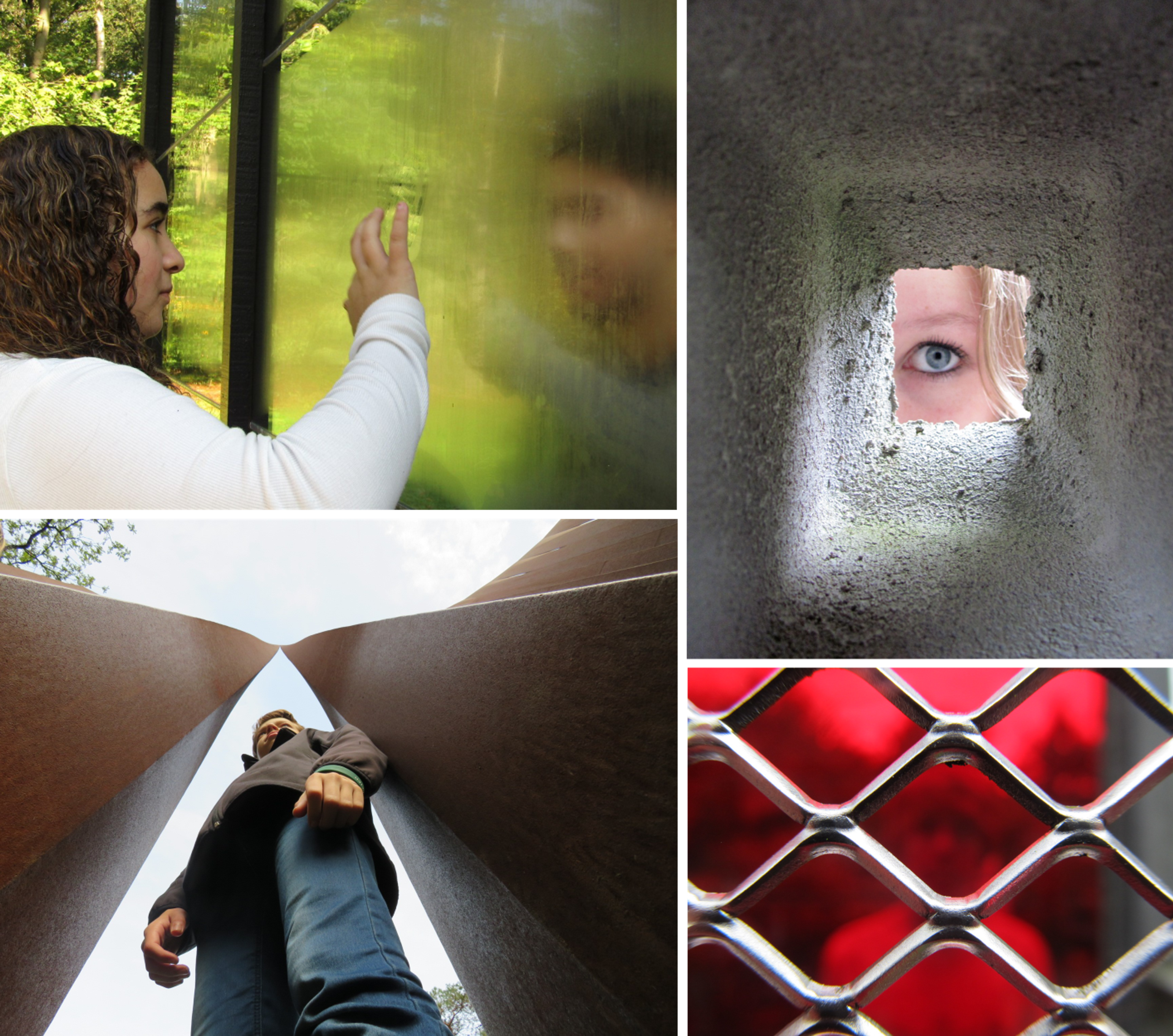 Fotocollage bestaande uit vier foto's die verschillende perspectieven en texturen tonen, zoals een persoon die een beslagen raam aanraakt, een oog dat door een klein vierkant gat kijkt, een laag perspectief van een persoon tussen hoge structuren, en een close-up van een metalen rooster met rode achtergrond. De samenstelling benadrukt interactie tussen mens en omgeving, met focus op zicht, aanraking en architectonische elementen.