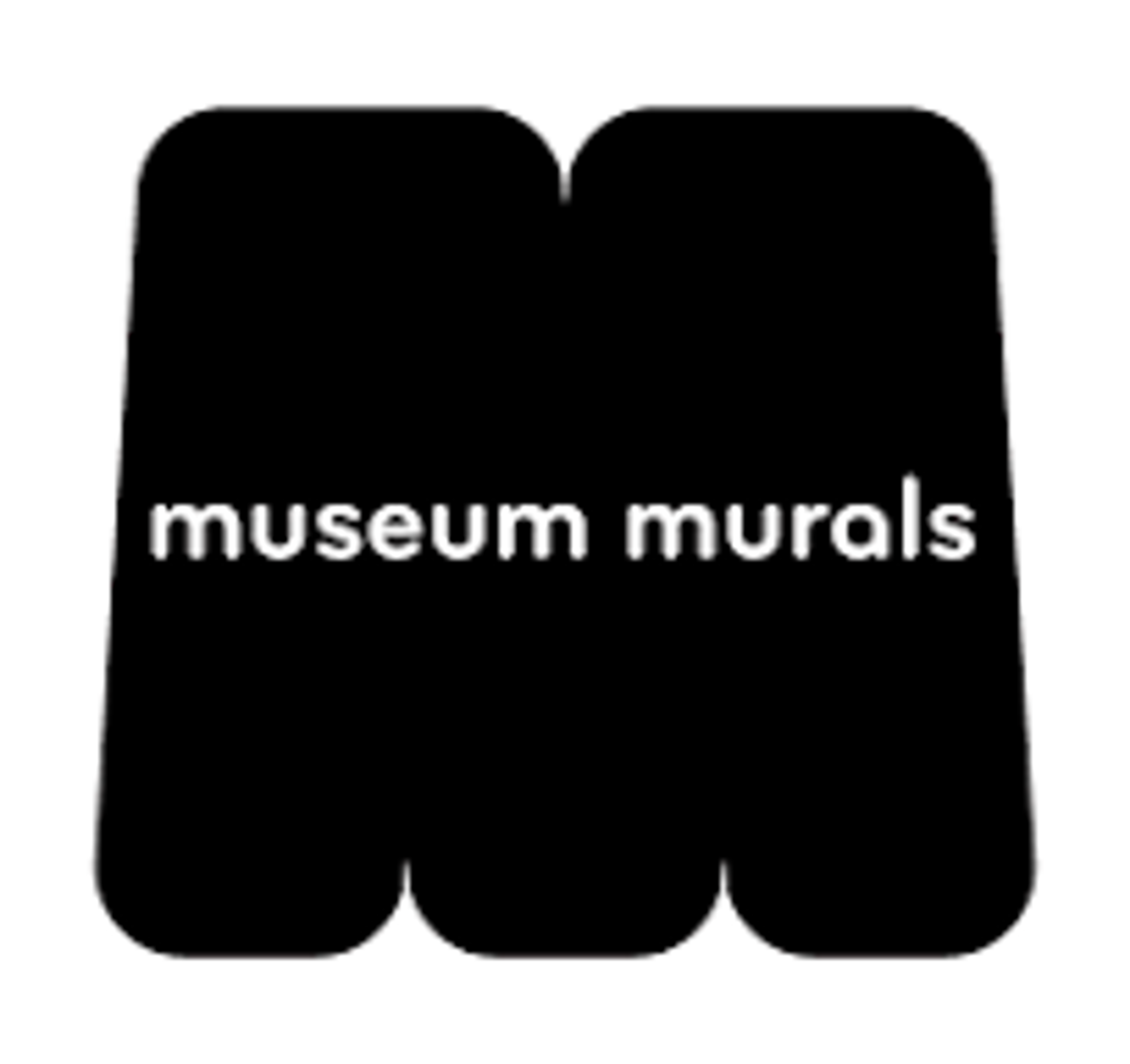 Logo on a white background featuring a large, almost full-frame black “M”, containing small white letters with the text “museum murals”.