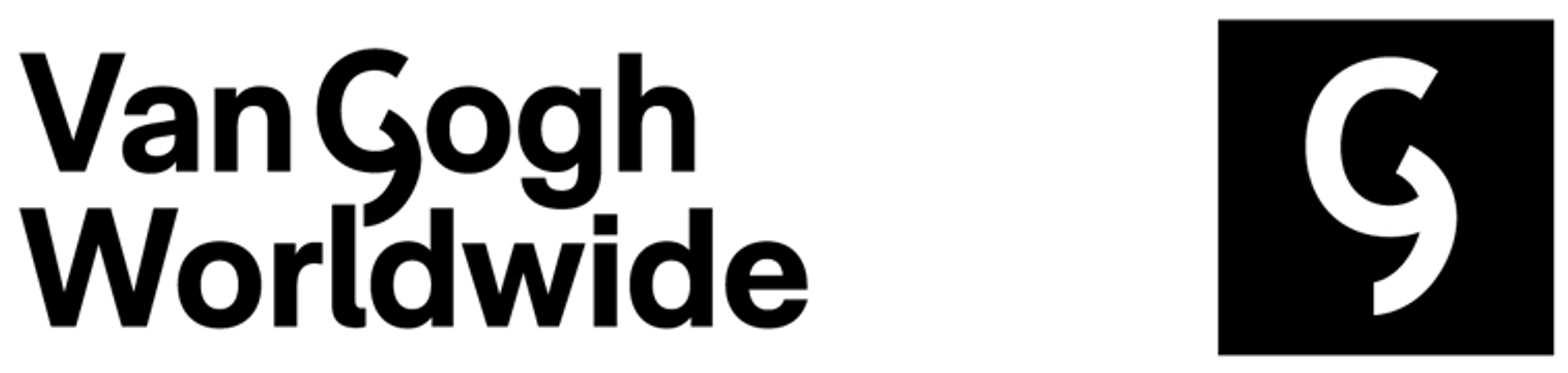 Logo on a white background with the words Van Gogh Worldwide in black letters. The G has a downward arrow shape at the bottom. The same letter G also appears enlarged on the right in white on a black background.