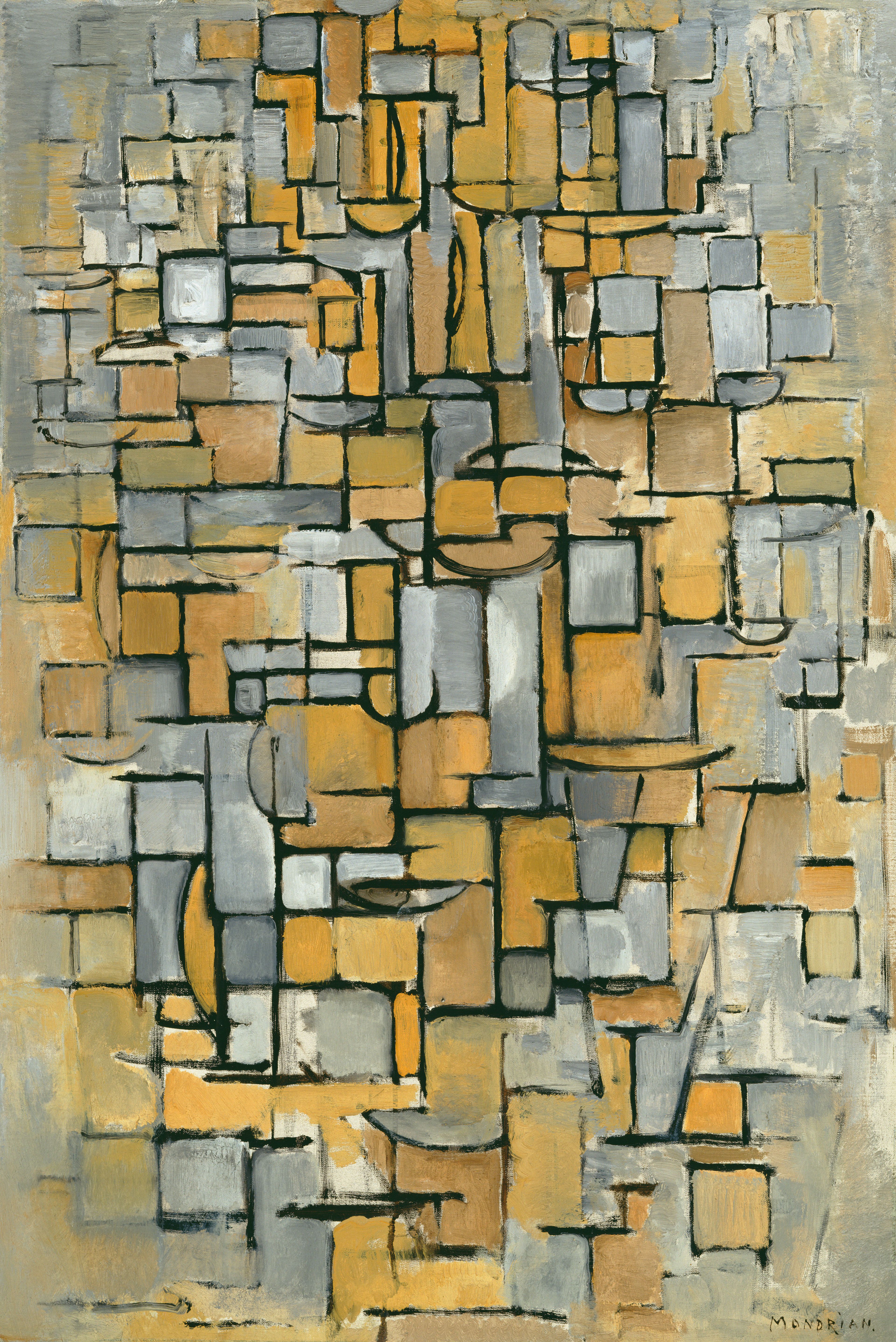 Piet Mondriaan, _Tableau no. 1_, 1913 Abstract schilderij met een geometrisch patroon van rechthoeken en lijnen in aardetinten zoals geel, beige en grijs. Compositie toont een complex netwerk van overlappende vormen met zwarte contouren, wat diepte en structuur creëert.