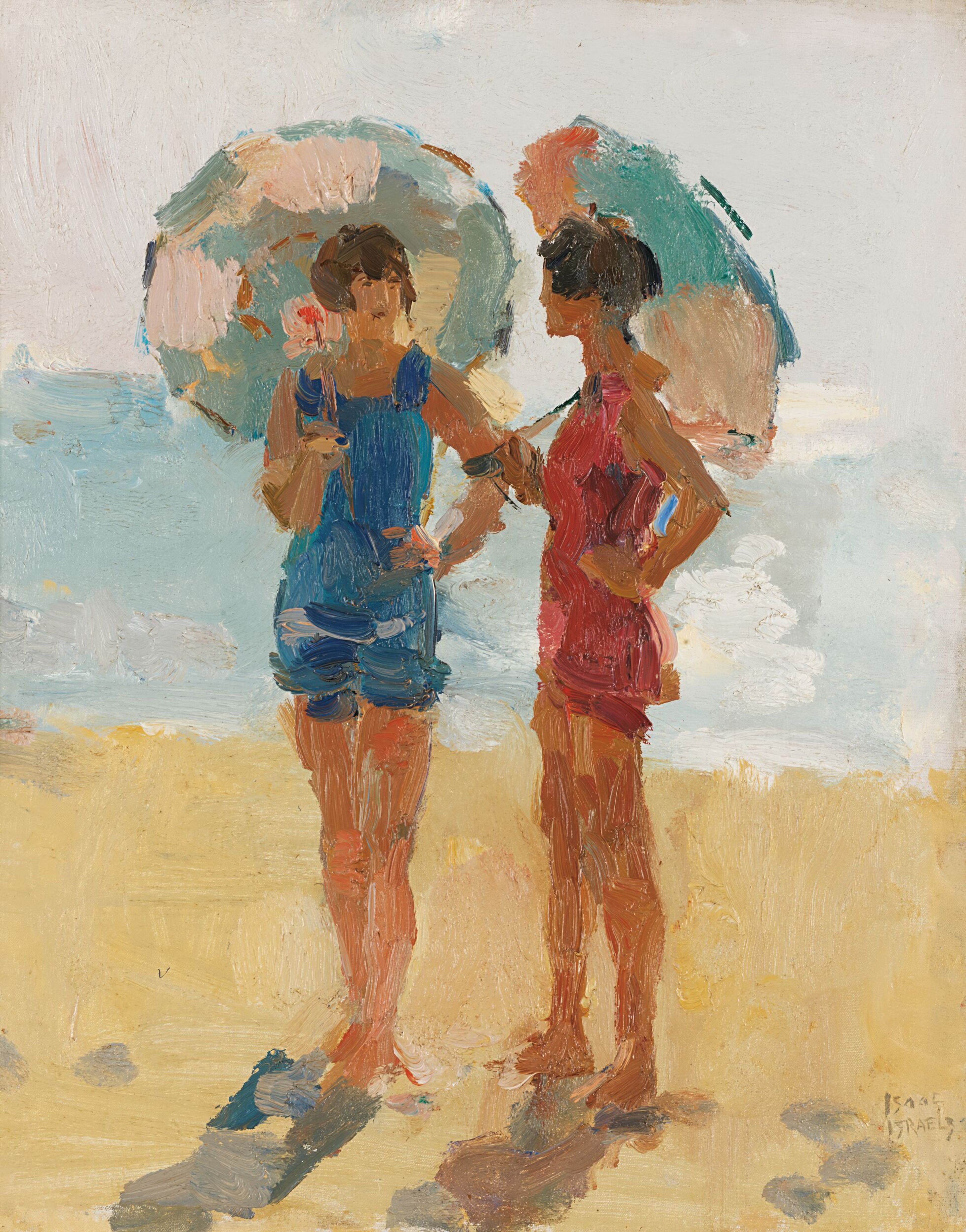 Twee figuren met parasols op het strand