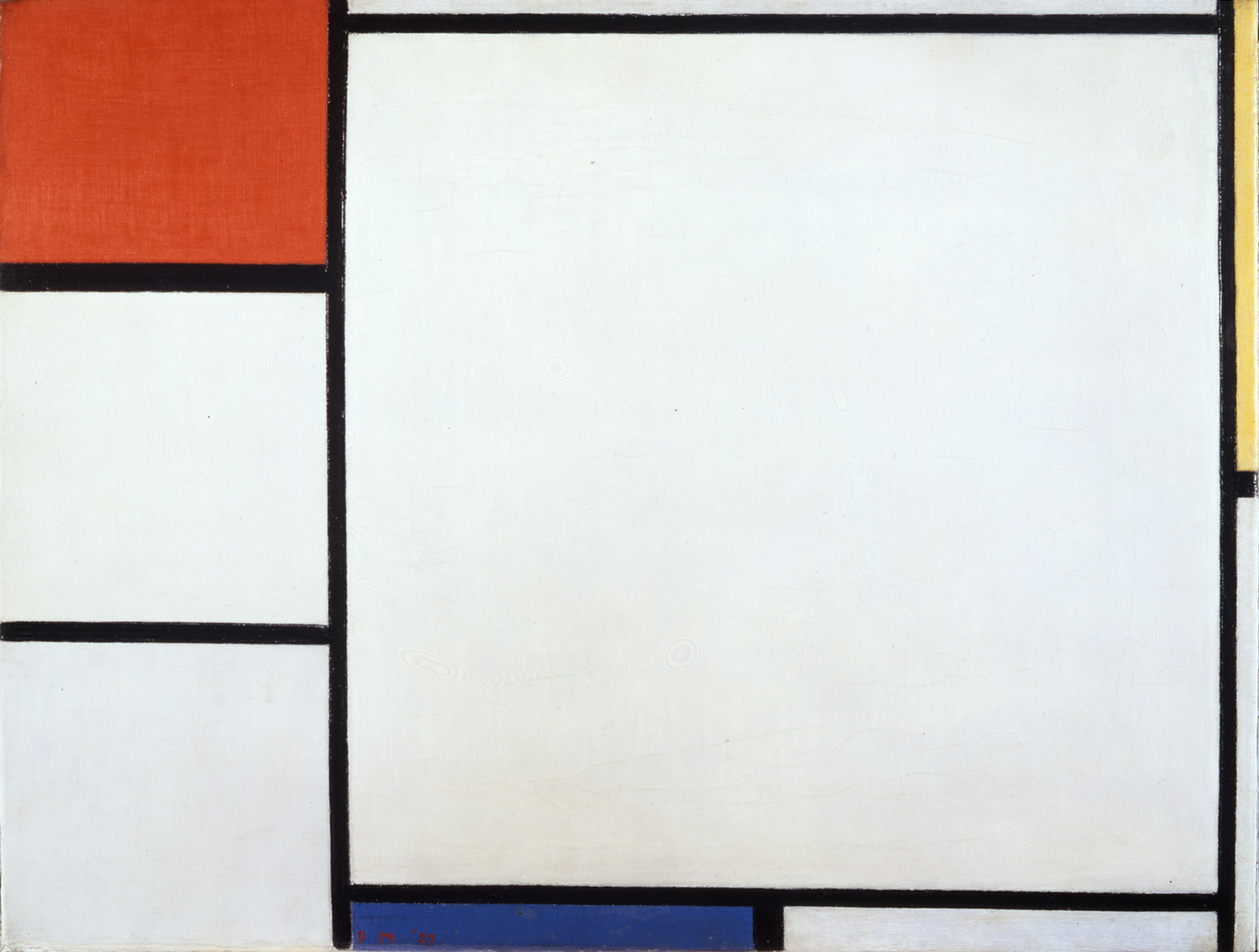 Piet Mondriaan, _Compositie met rood, geel en blauw_, 1927 Abstract schilderij met geometrische vormen bestaande uit grote rechthoeken en vierkanten in wit, rood, blauw en geel, gescheiden door dikke zwarte lijnen.