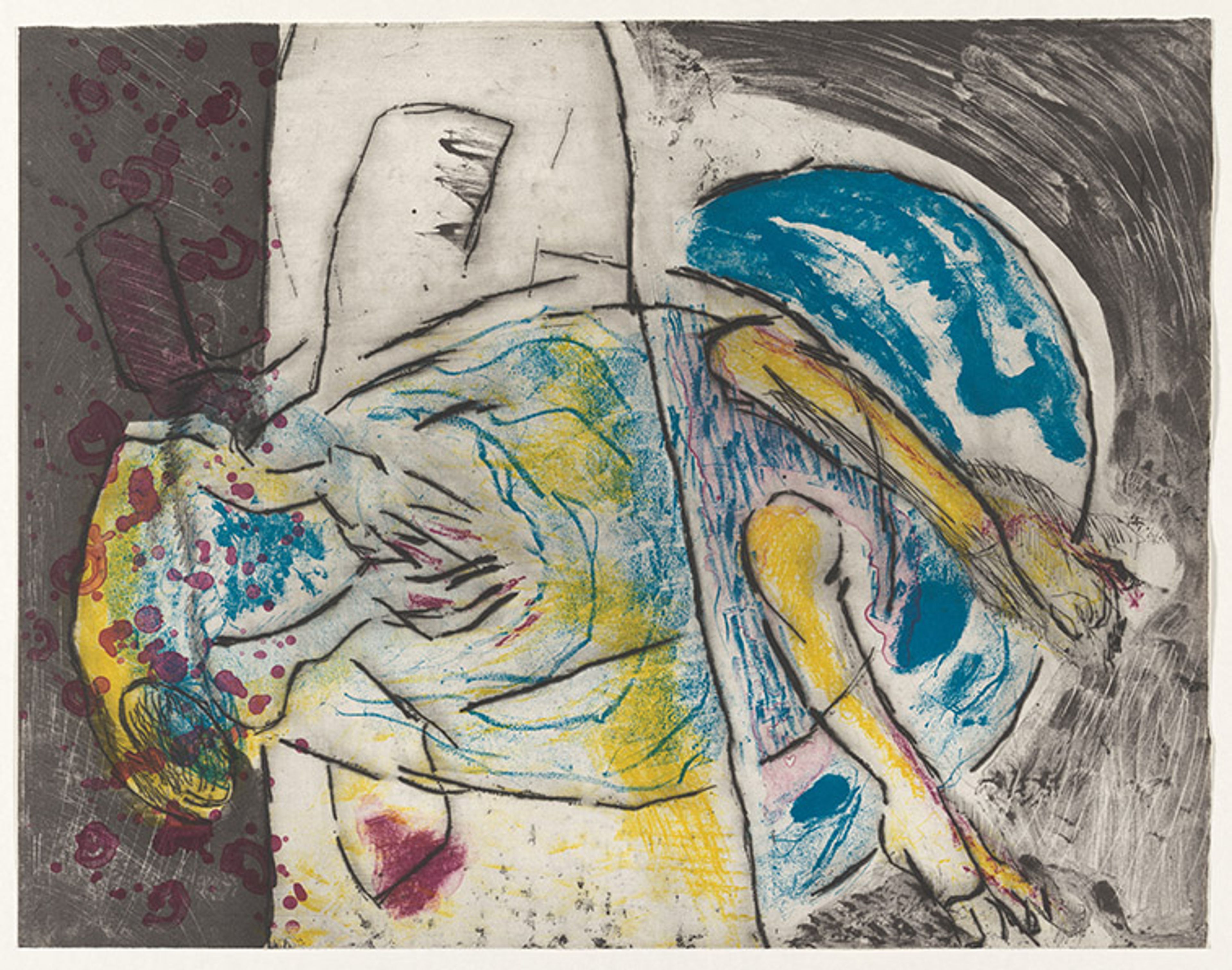 Wessel Couzijn, _Steenschrijvers (Les lapicides) dl. 2_, 1966 Kleurrijke prent in geel, blauw en grijs