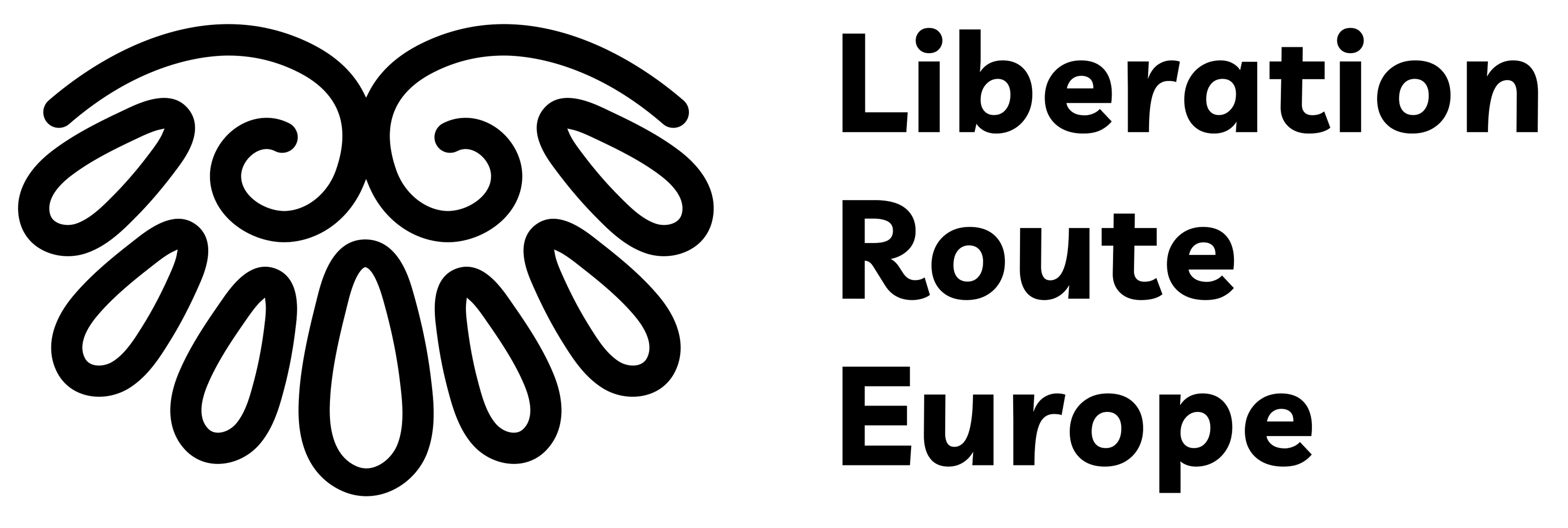 Logo on a white background with, on the left in black, a stylized simple line drawing of two wings, with the text next to it (words stacked) “Liberation Route Europe.”