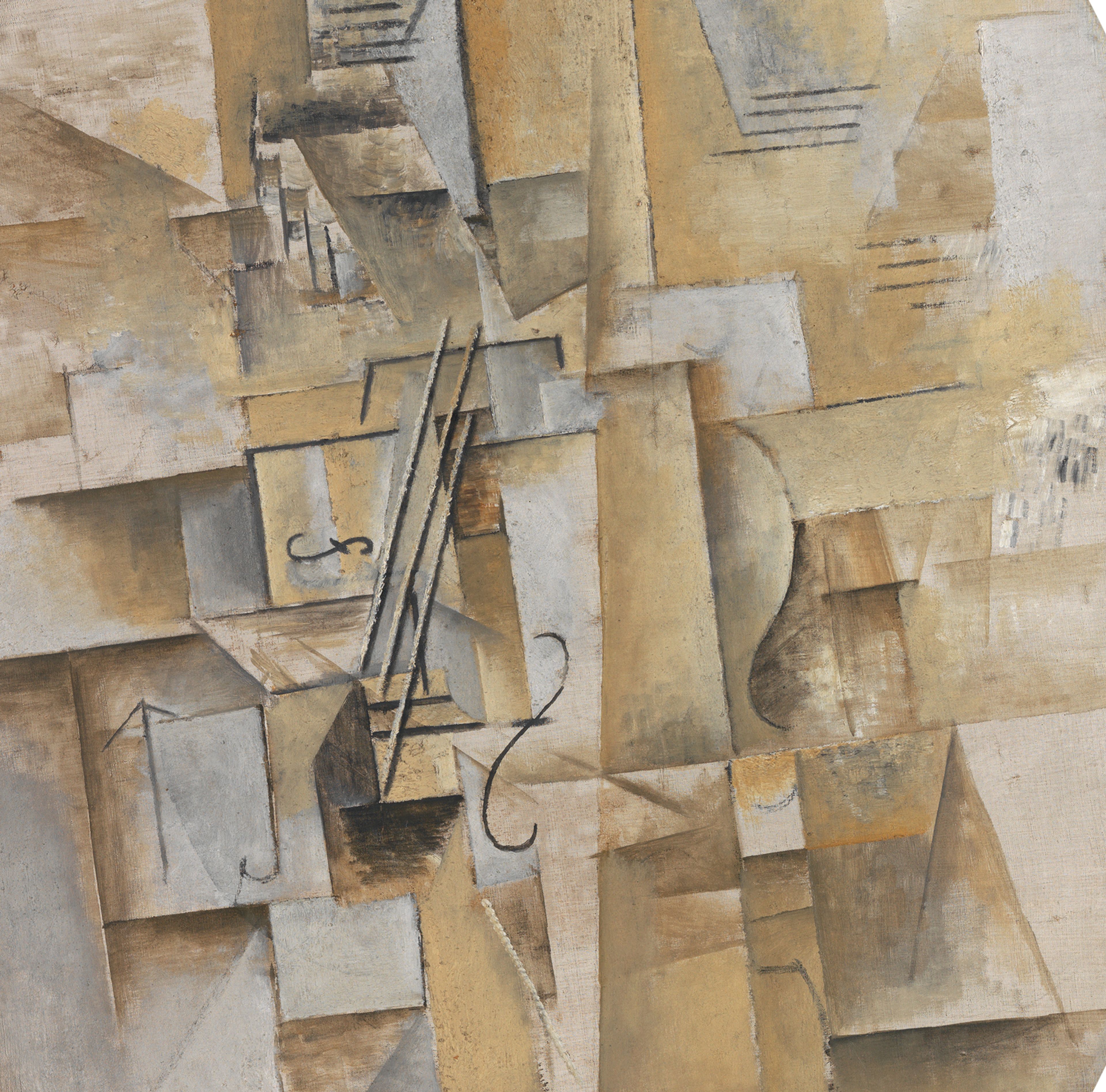 Pablo Picasso, _Violon_, 1911-1912 Abstract schilderij in kubistische stijl met geometrische vormen en zachte beige, bruine en grijze tinten.