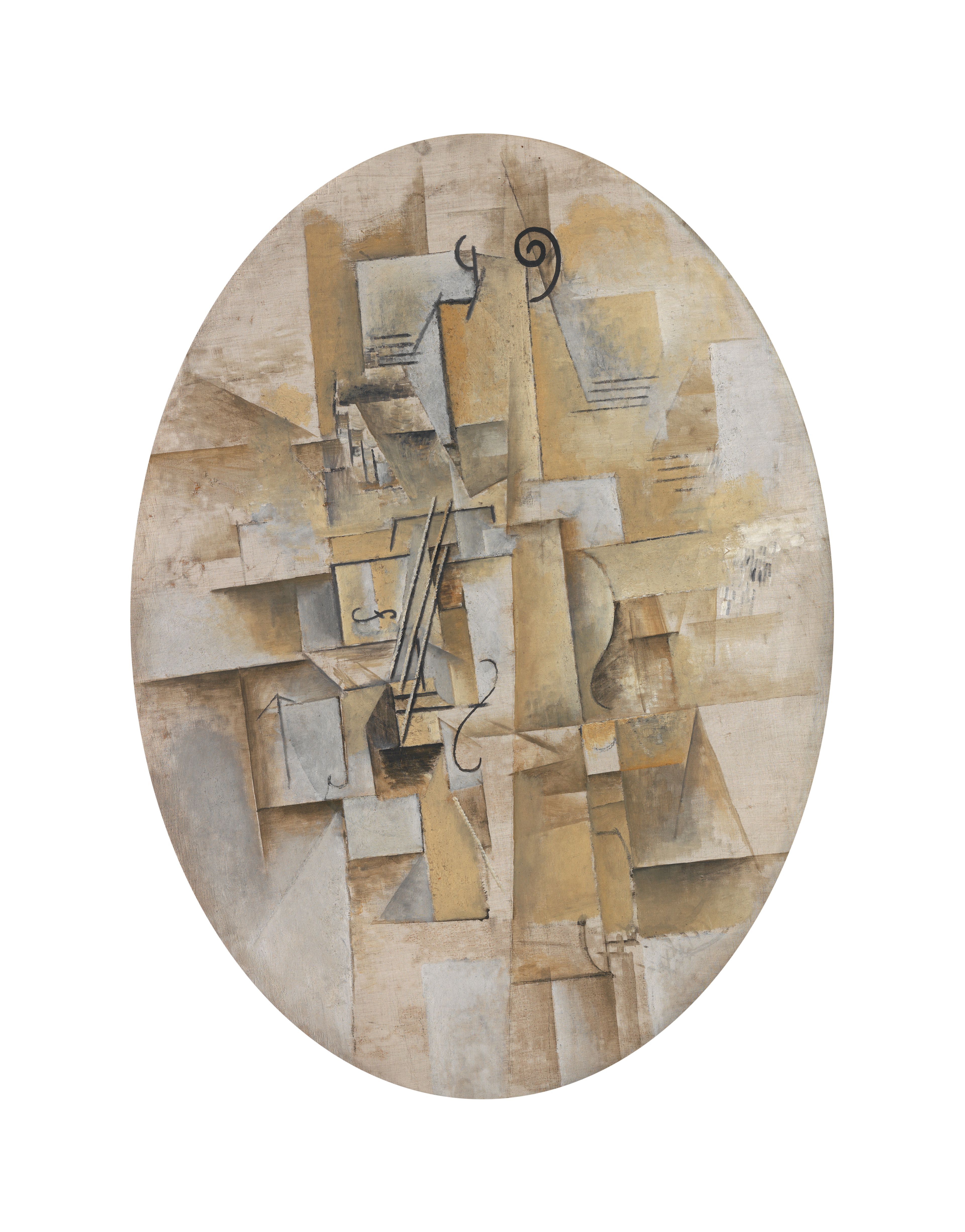 Pablo Picasso, _Violon_, 1911-1912 Abstract schilderij in kubistische stijl met geometrische vormen en zachte beige, bruine en grijze tinten.